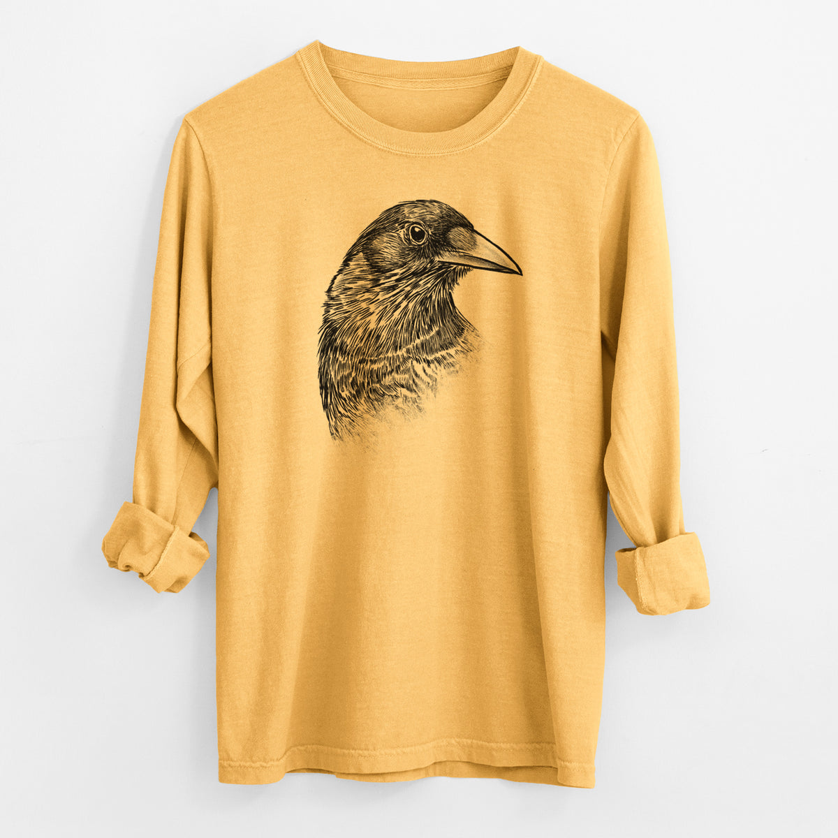 American Crow Bust - Corvus brachyrhynchos - Men&#39;s Heavyweight 100% Cotton Long Sleeve