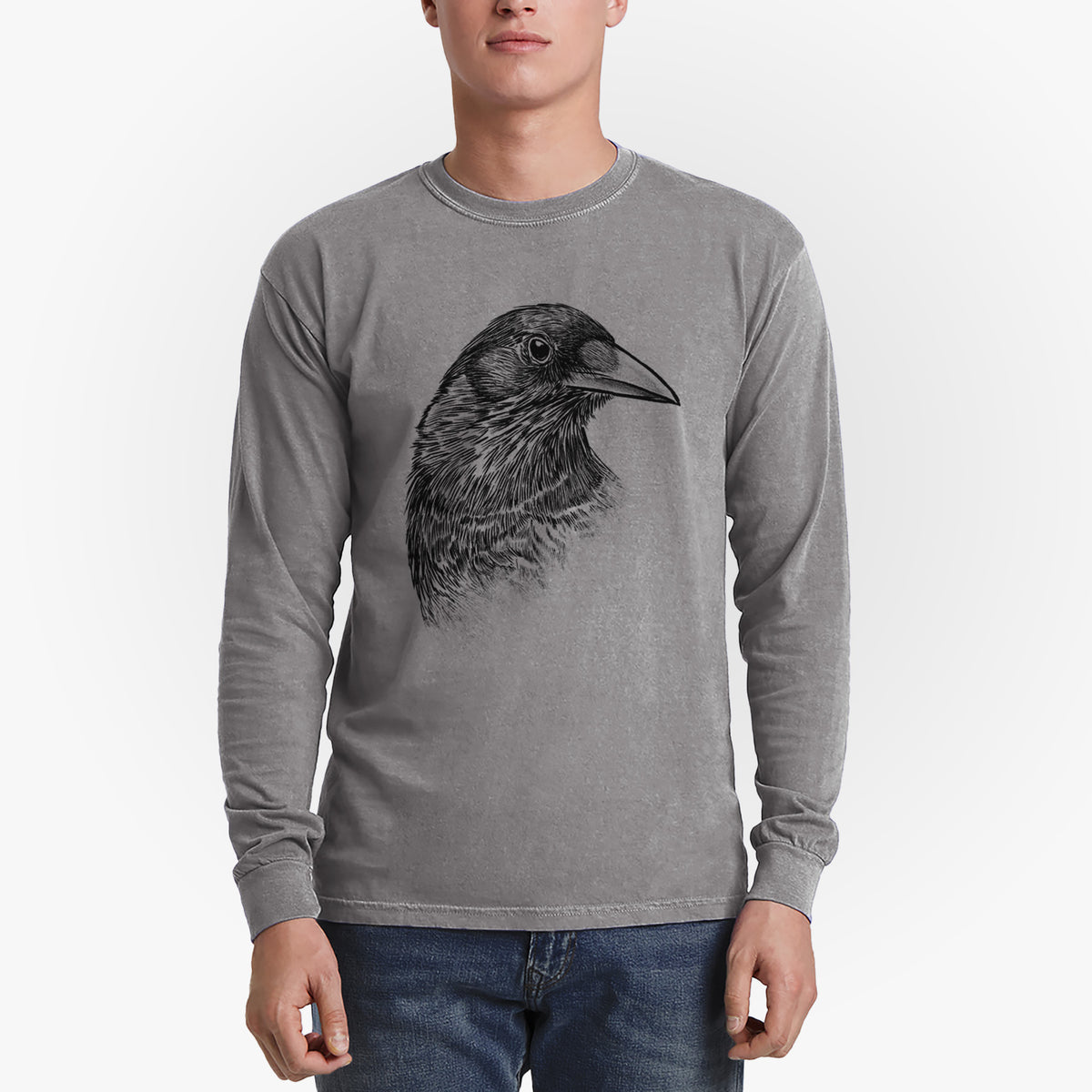 American Crow Bust - Corvus brachyrhynchos - Men&#39;s Heavyweight 100% Cotton Long Sleeve