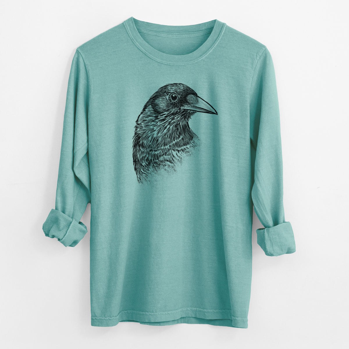 American Crow Bust - Corvus brachyrhynchos - Men&#39;s Heavyweight 100% Cotton Long Sleeve