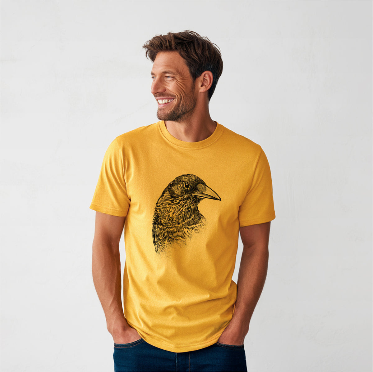 American Crow Bust - Corvus brachyrhynchos - Heavyweight Men&#39;s 100% Organic Cotton Tee