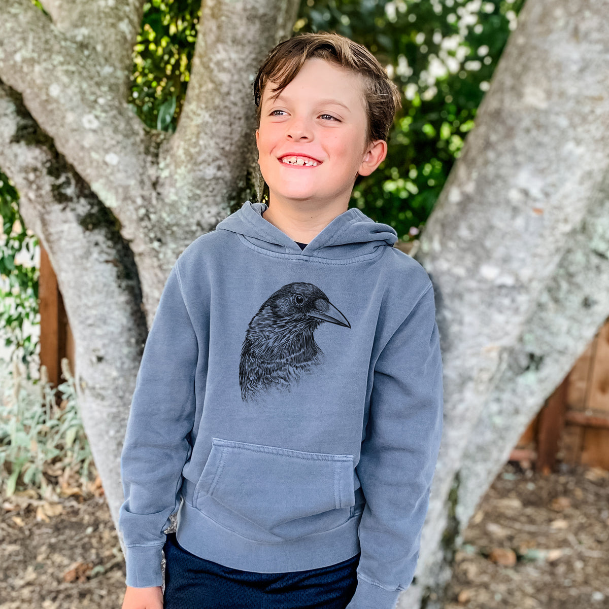 American Crow Bust - Corvus brachyrhynchos - Youth Pigment Dyed Hoodie