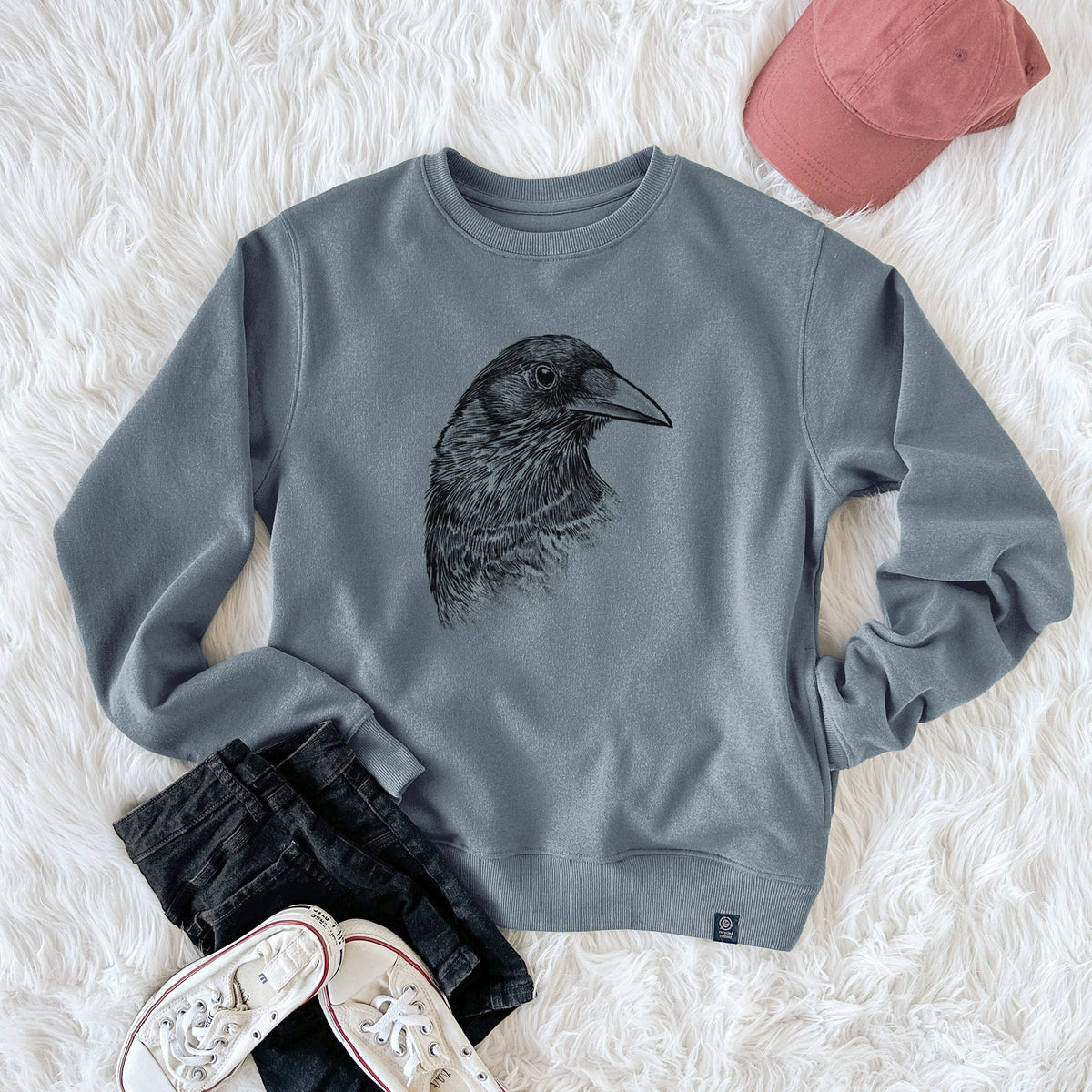 American Crow Bust - Corvus brachyrhynchos  - Unisex Reclaimed Crewneck Sweatshirt