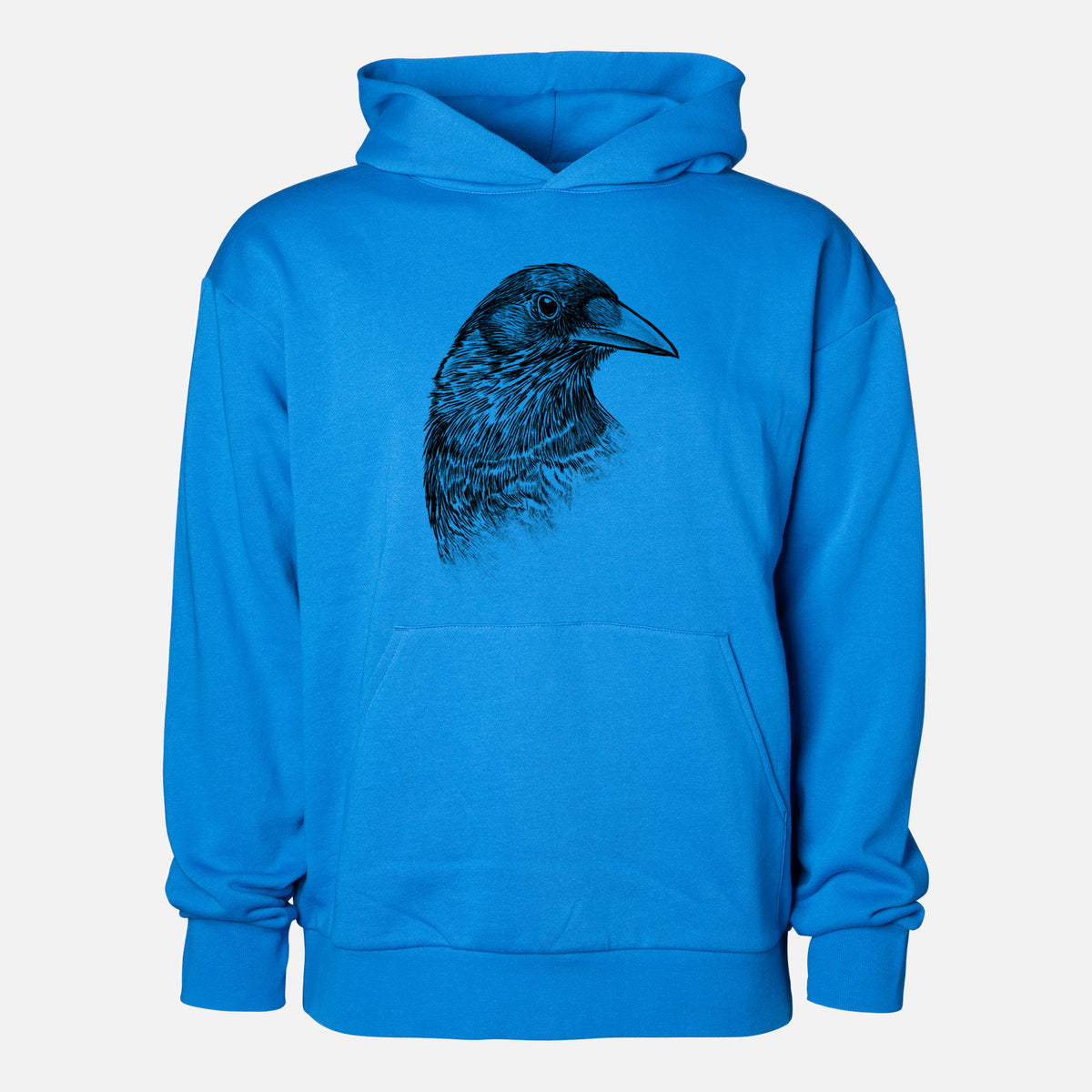 American Crow Bust - Corvus brachyrhynchos - Statement Midweight Hoodie in Azure Blue, shown from the front with the design printed on the chest above a front kangaroo pocket.