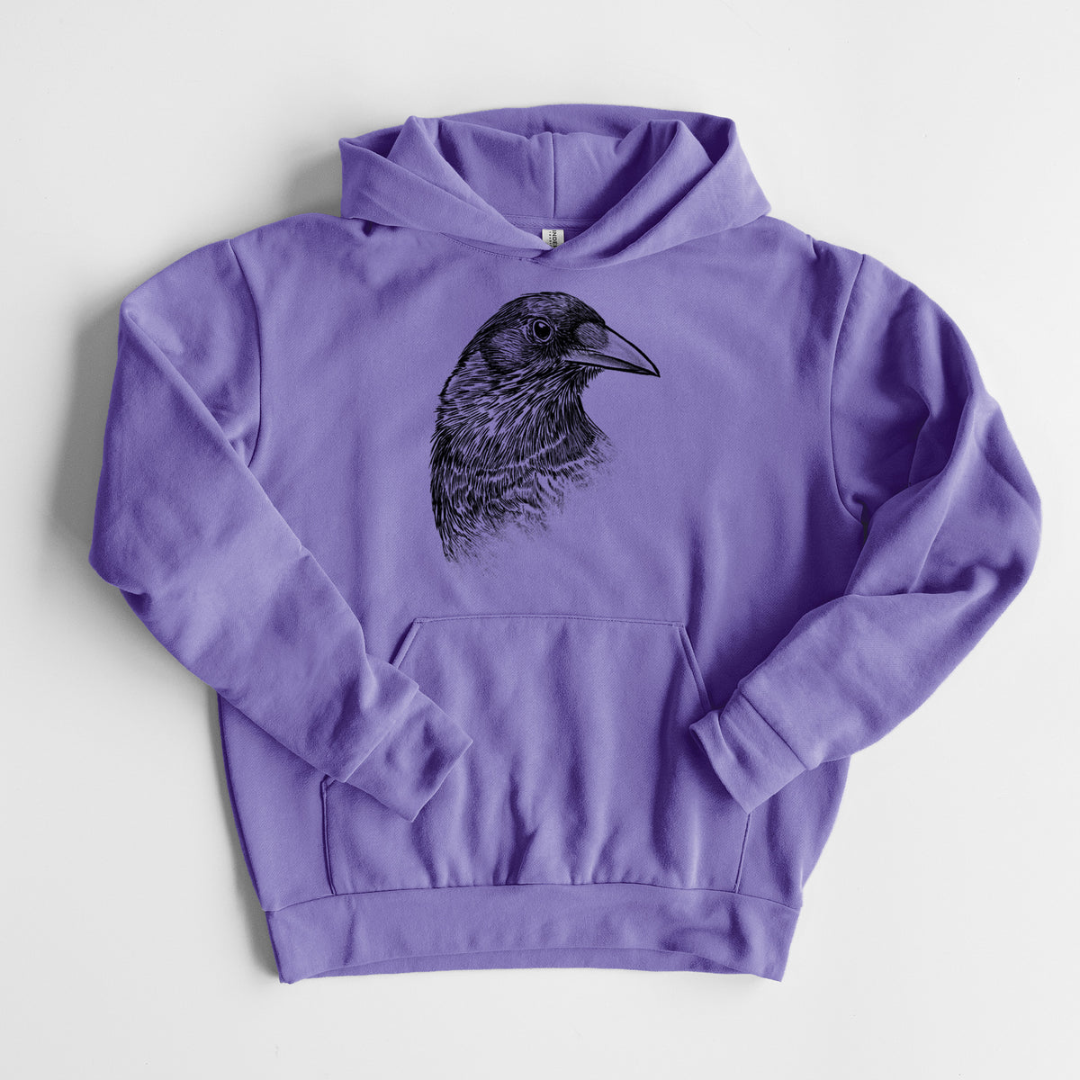 American Crow Bust - Corvus brachyrhynchos - Statement Midweight Hoodie in Violet, laid flat, showing the oversized boxy fit and front kangaroo pocket.