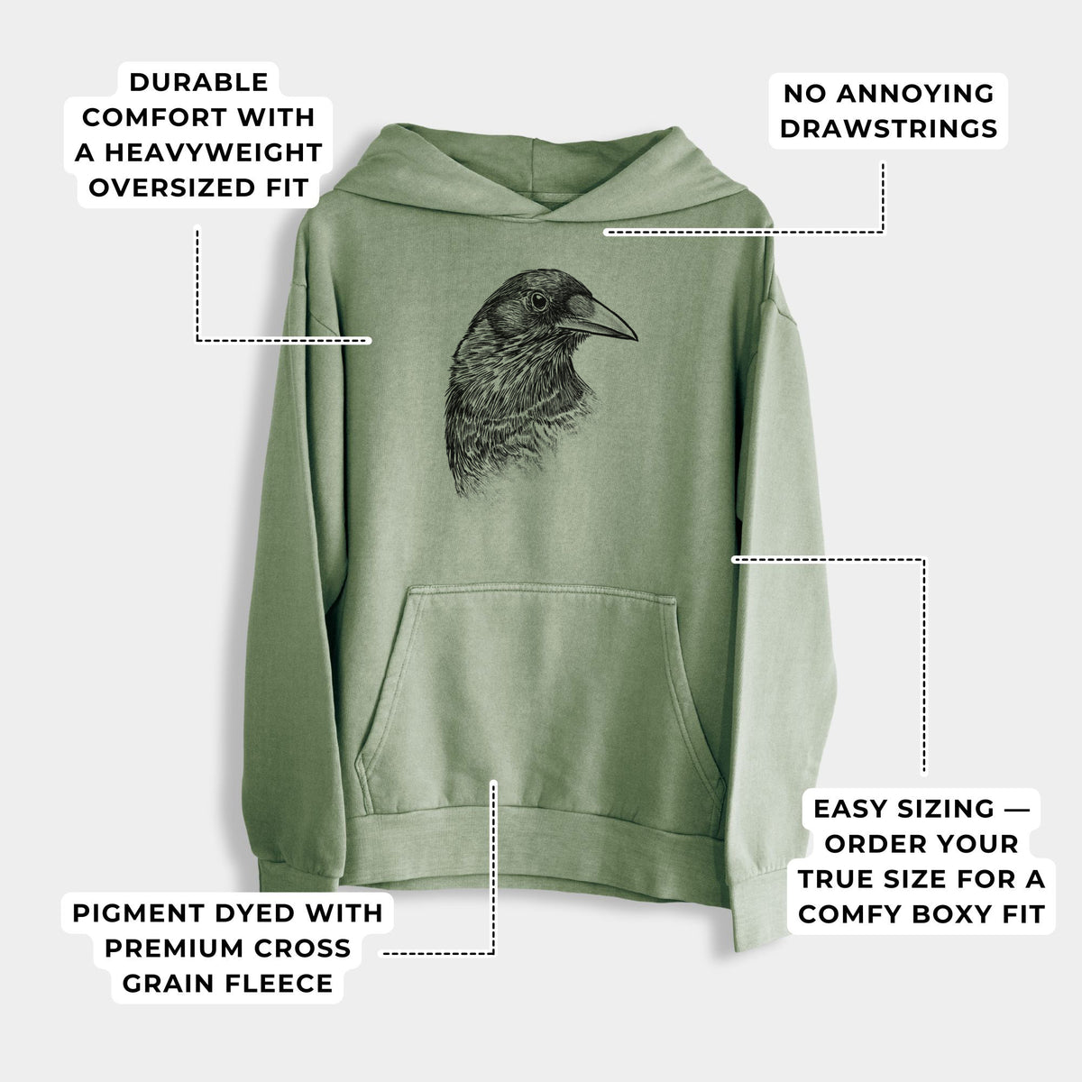 American Crow Bust - Corvus brachyrhynchos  - Urban Heavyweight Hoodie