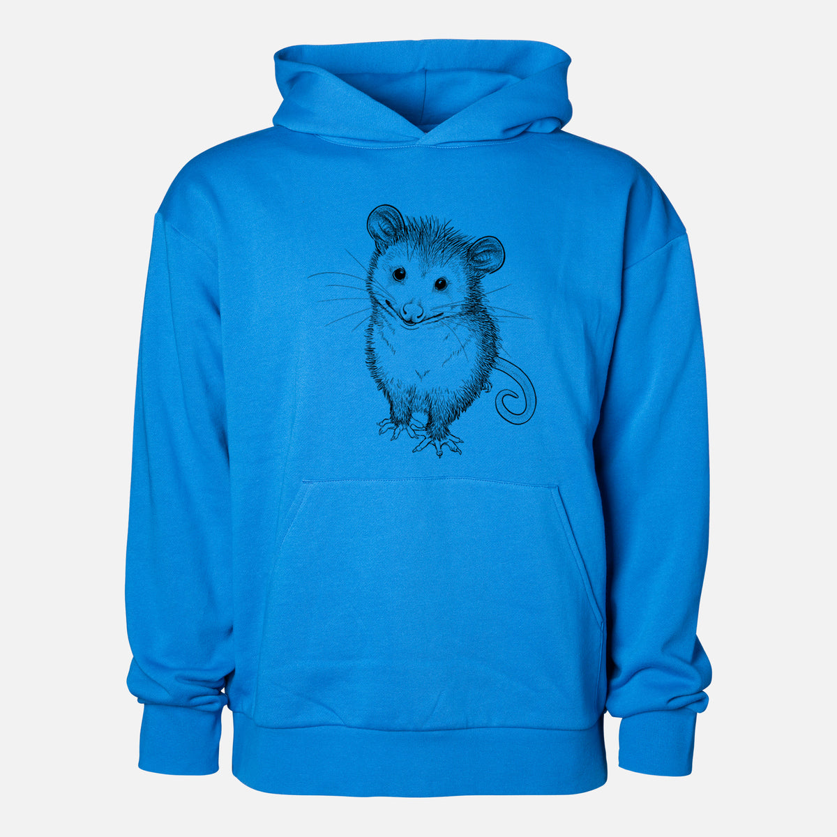 Cute Opossum - Statement Midweight Hoodie in Azure Blue, shown from the front with the design printed on the chest above a front kangaroo pocket.