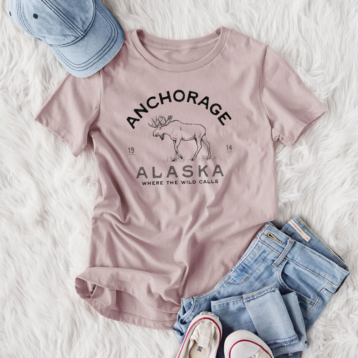 Anchorage Alaska Moose - Women&#39;s Lightweight Relaxed Fit 100% Cotton Crewneck