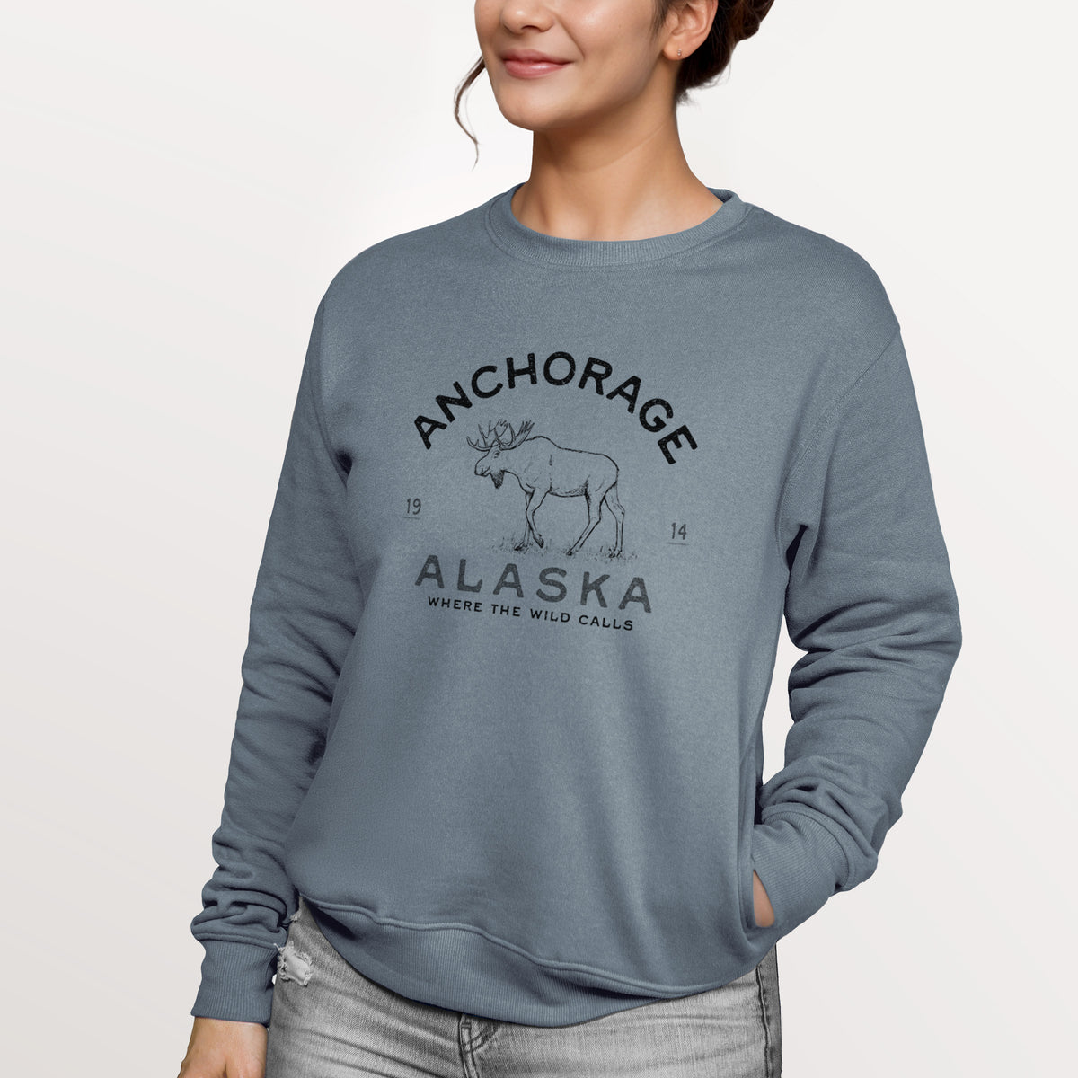 Anchorage Alaska Moose  - Unisex Reclaimed Crewneck Sweatshirt