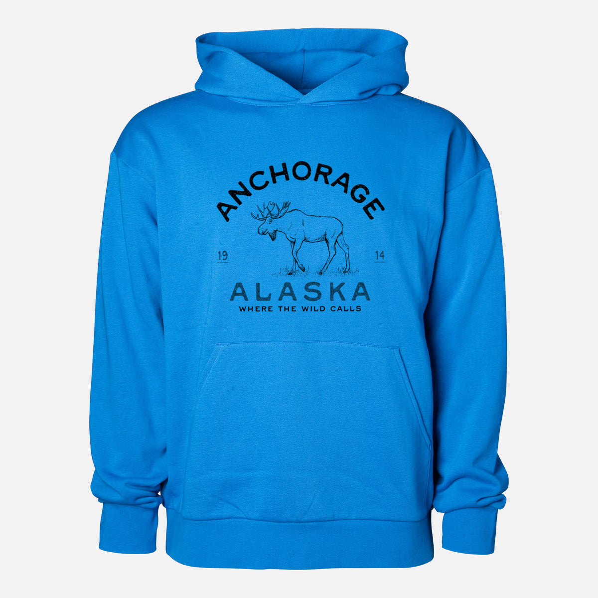 Anchorage Alaska Moose - Statement Midweight Hoodie in Azure Blue, shown from the front with the design printed on the chest above a front kangaroo pocket.