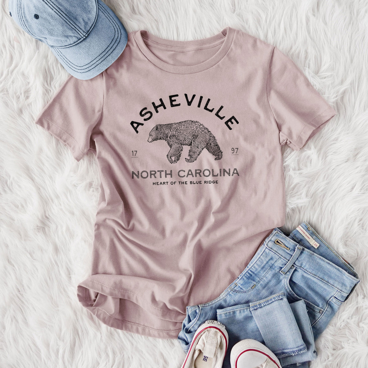 Asheville North Carolina - Black Bear - Women's Lightweight Relaxed Fit 100% Cotton Crewneck