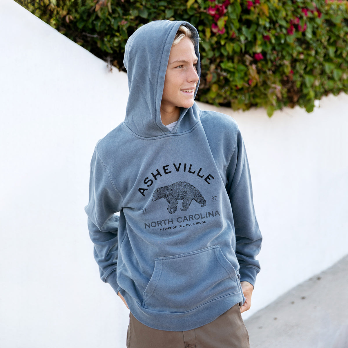 Asheville North Carolina - Black Bear - Youth Pigment Dyed Hoodie