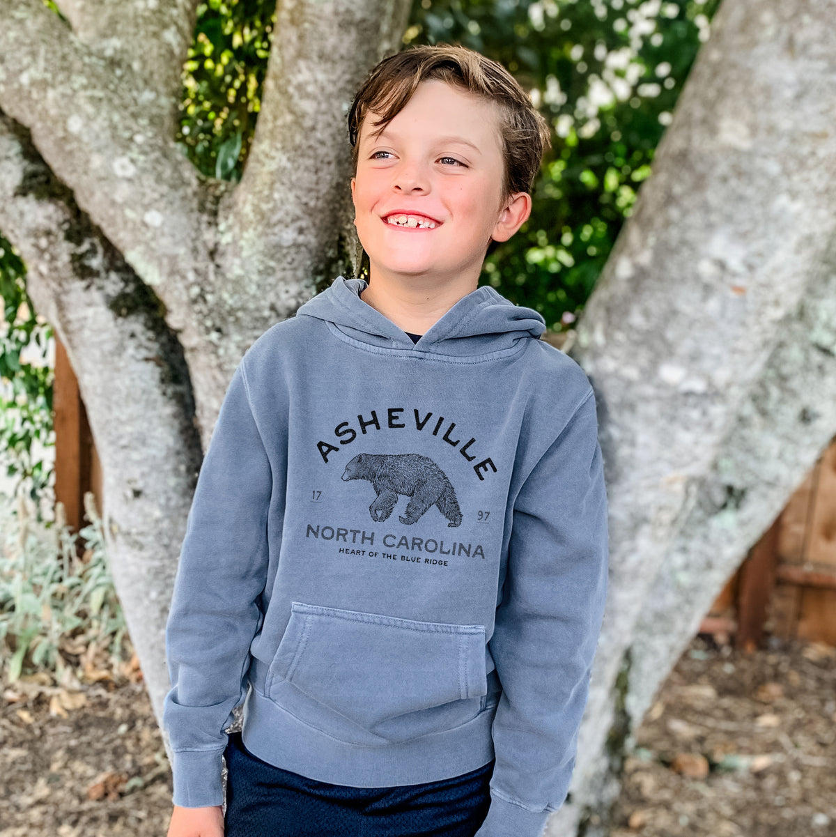 Asheville North Carolina - Black Bear - Youth Pigment Dyed Hoodie