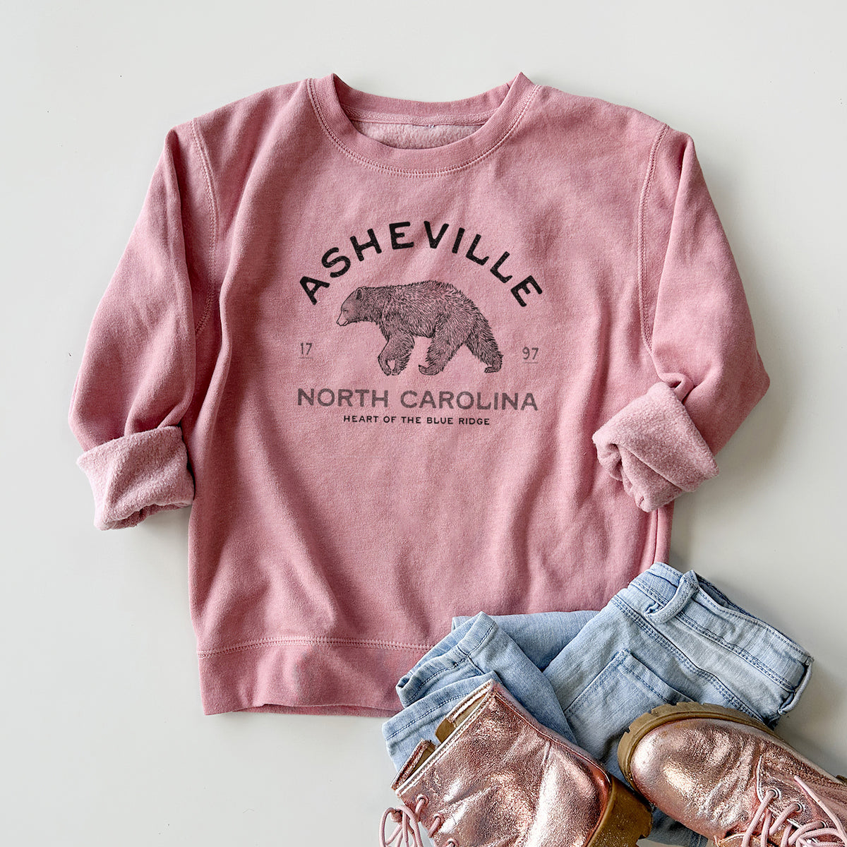 Asheville North Carolina - Black Bear - Youth Lightweight Crewneck Sweatshirt
