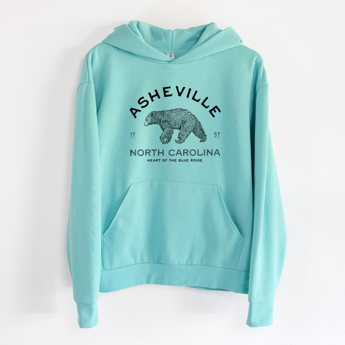 Asheville North Carolina - Black Bear - Statement Midweight Hoodie in Seafoam, hanging on a white wall, with a front kangaroo pocket and no drawcords.