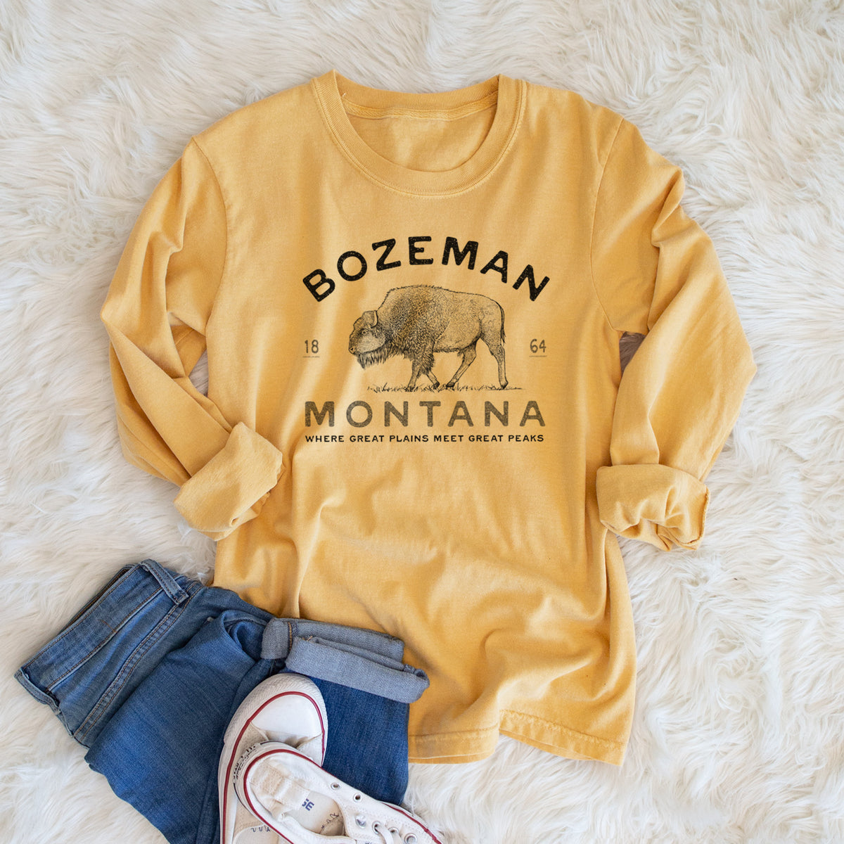 Bozeman Montana Bison - Men&#39;s Heavyweight 100% Cotton Long Sleeve