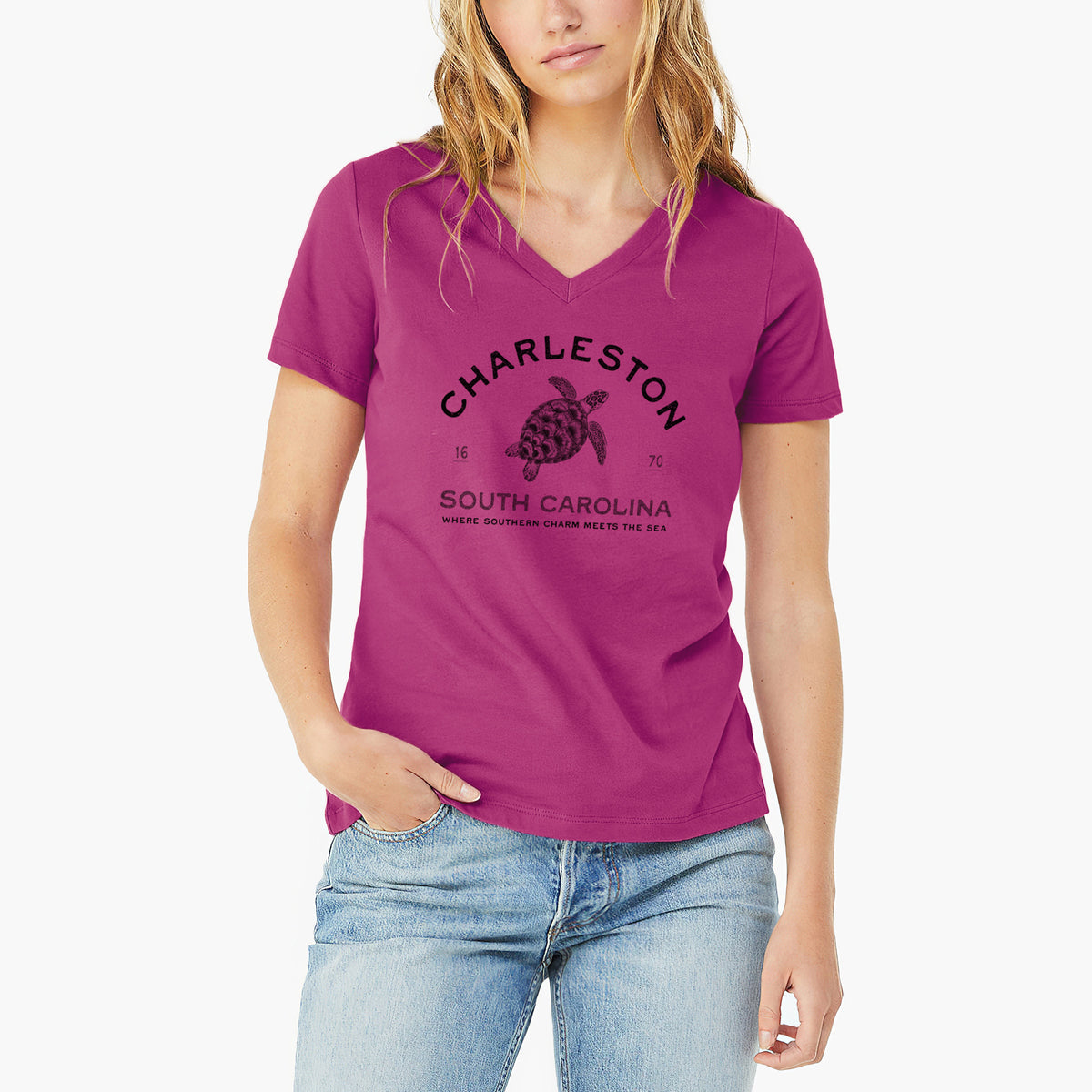 Charleston South Carolina - Loggerhead Sea Turtle - Women's Lightweight Relaxed Fit 100% Cotton V-neck