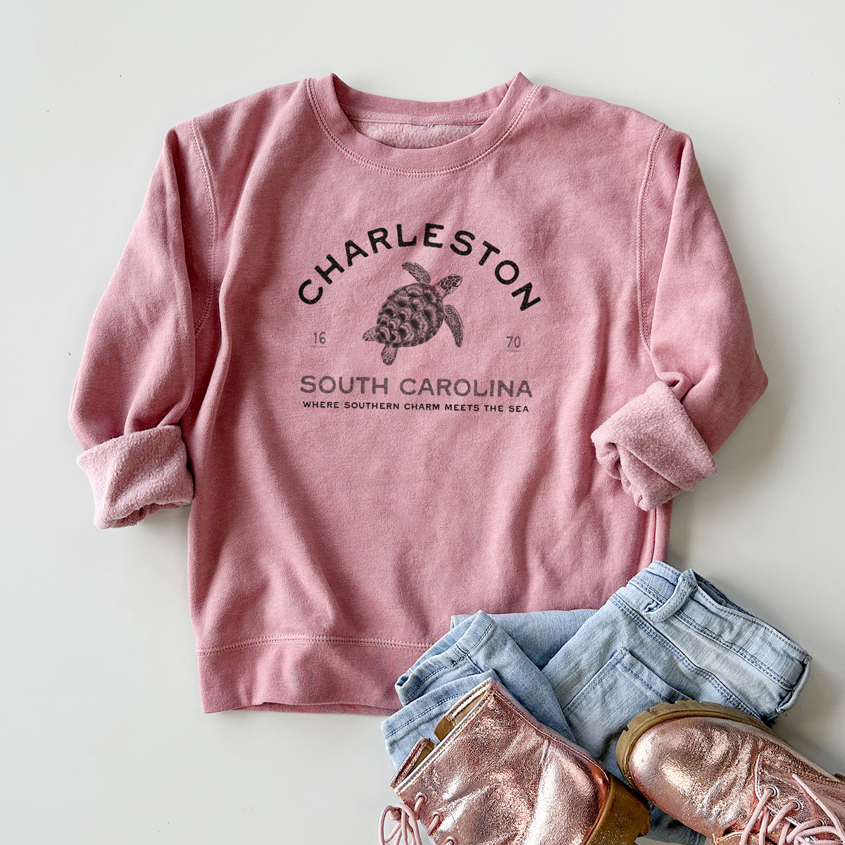 Charleston South Carolina - Loggerhead Sea Turtle - Youth Lightweight Crewneck Sweatshirt