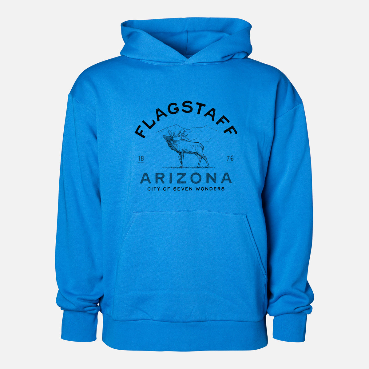 Flagstaff Arizona Elk - Statement Midweight Hoodie in Azure Blue, shown from the front with the design printed on the chest above a front kangaroo pocket.