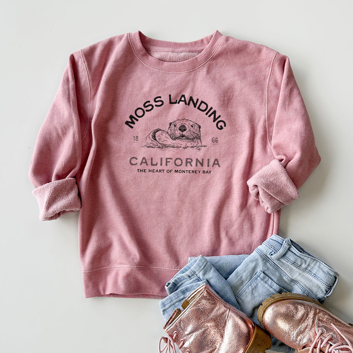 Moss Landing California - Sea Otter - Youth Lightweight Crewneck Sweatshirt