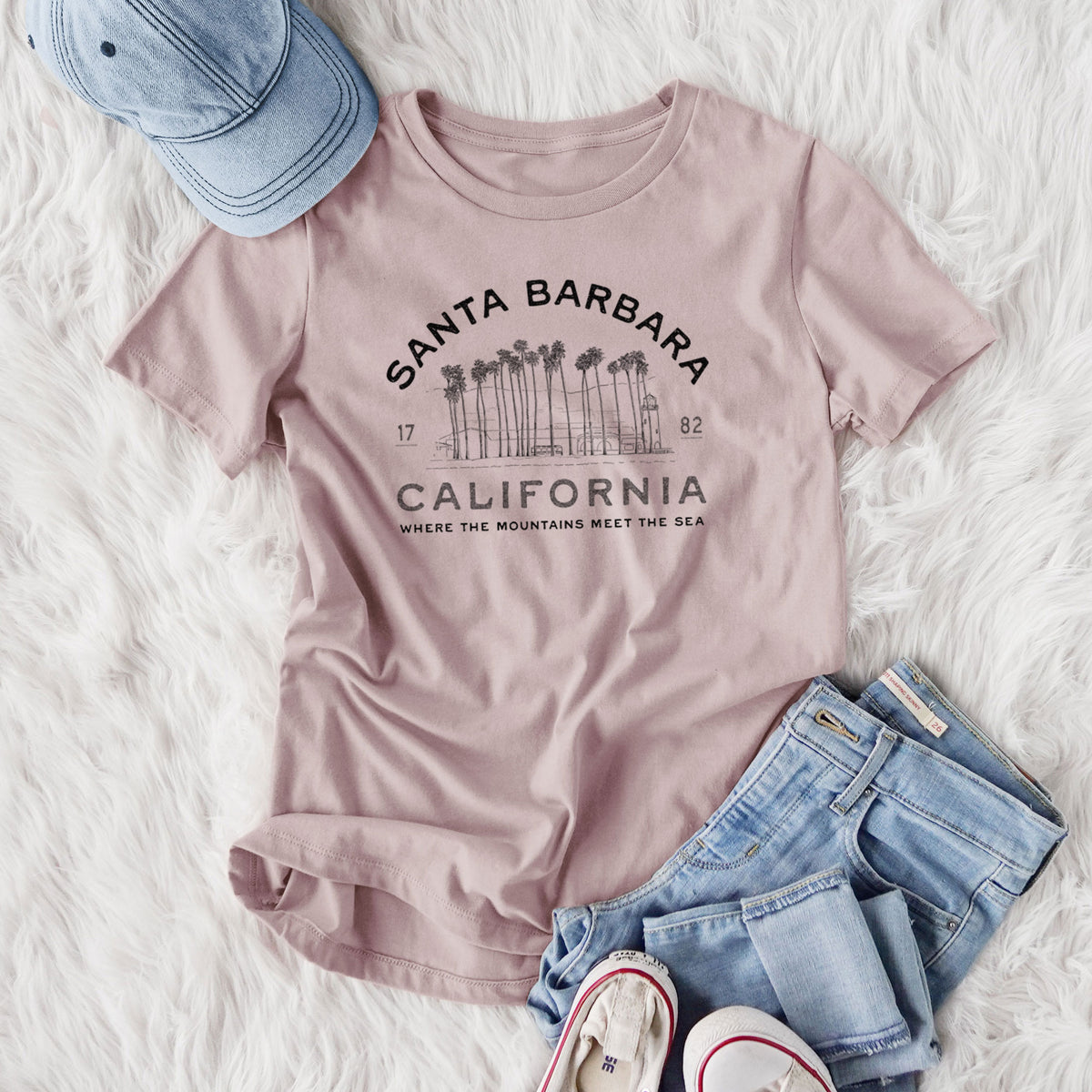 Santa Barbara California - Row of Palms - Women's Lightweight Relaxed Fit 100% Cotton Crewneck