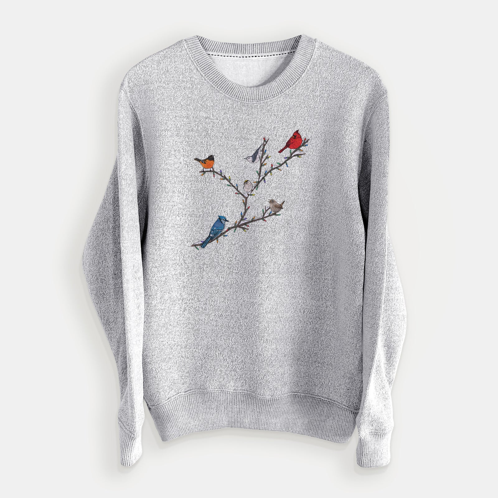 Gray sweater with bird design on a white background