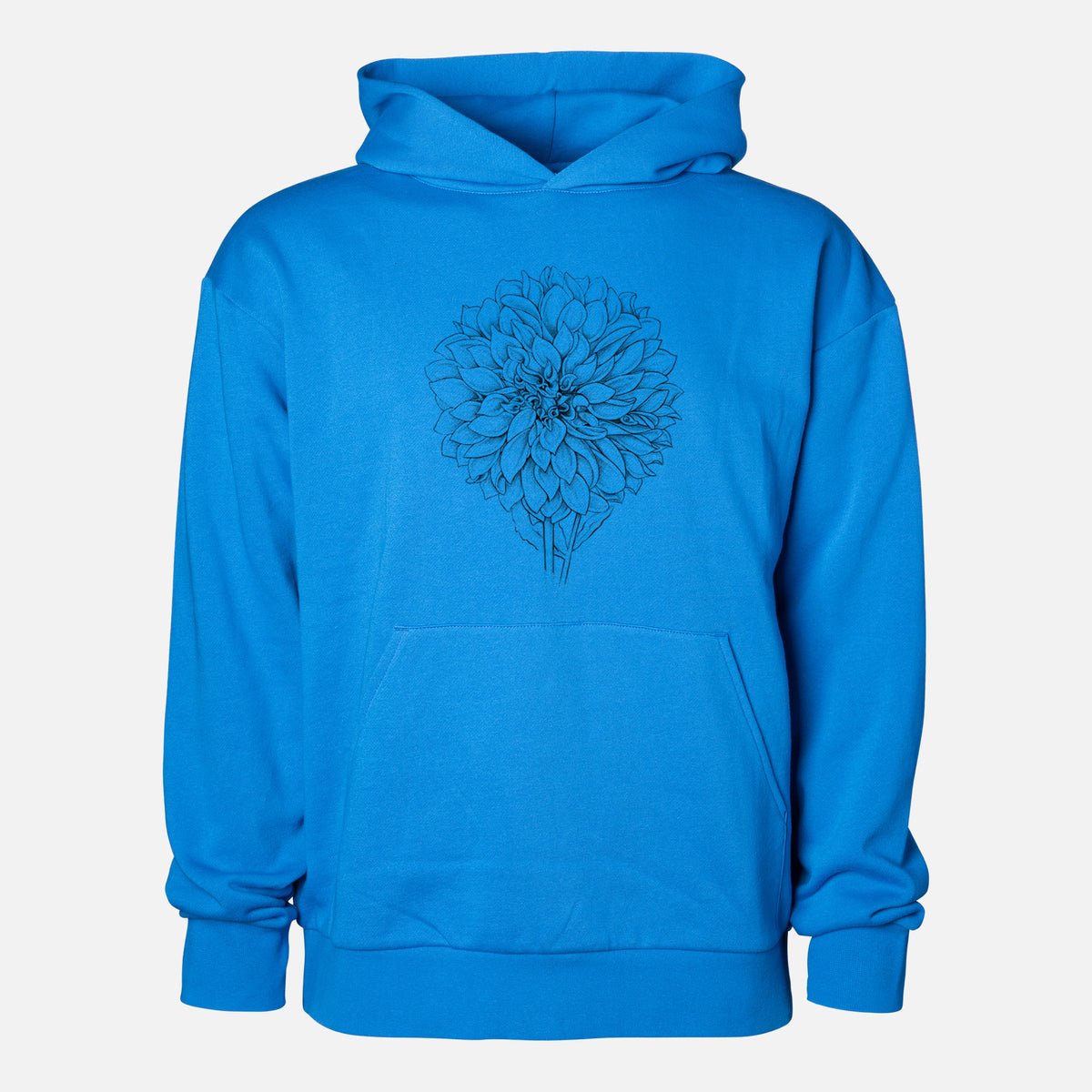 Dahlia Cafe Au Lait - Statement Midweight Hoodie in Azure Blue, shown from the front with the design printed on the chest above a front kangaroo pocket.