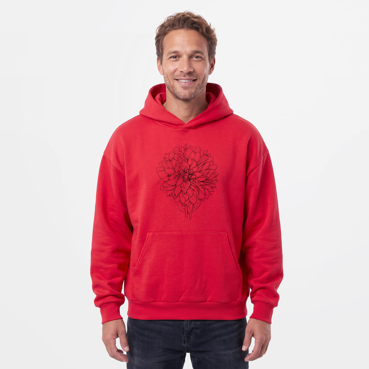 Male model wearing the Dahlia Cafe Au Lait - Statement Midweight Hoodie.
