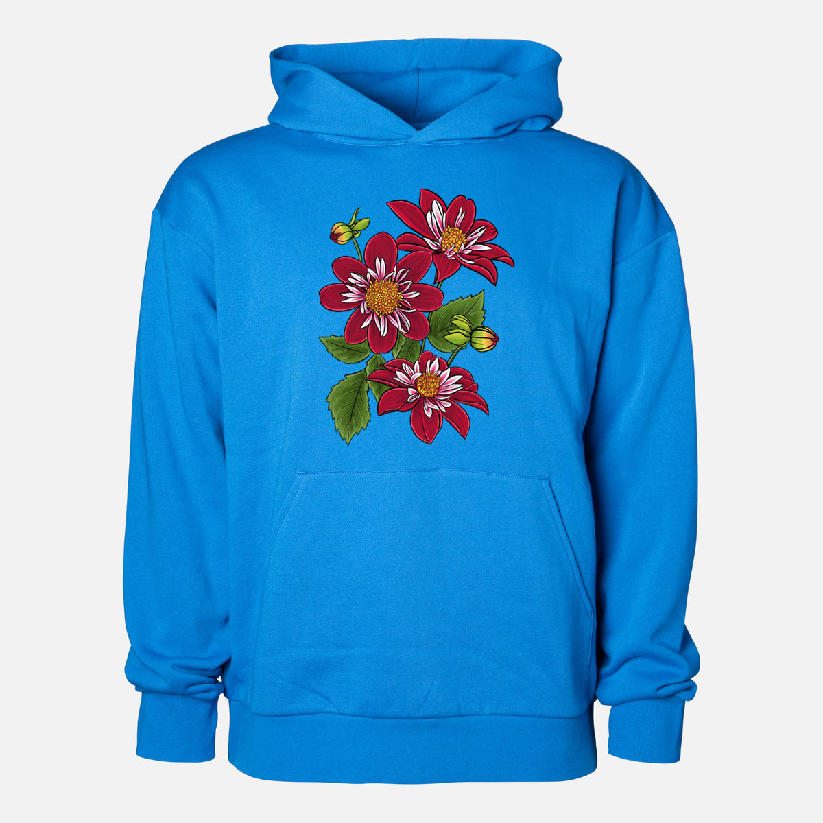 Dahlia Collarette - Night Butterfly - Statement Midweight Hoodie in Azure Blue, shown from the front with the design printed on the chest above a front kangaroo pocket.