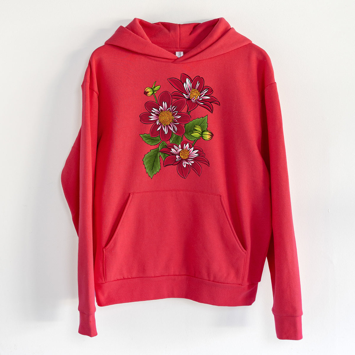Dahlia Collarette - Night Butterfly - Statement Midweight Hoodie in Cherry Red, hanging on a white wall, with a front kangaroo pocket and no drawcords.