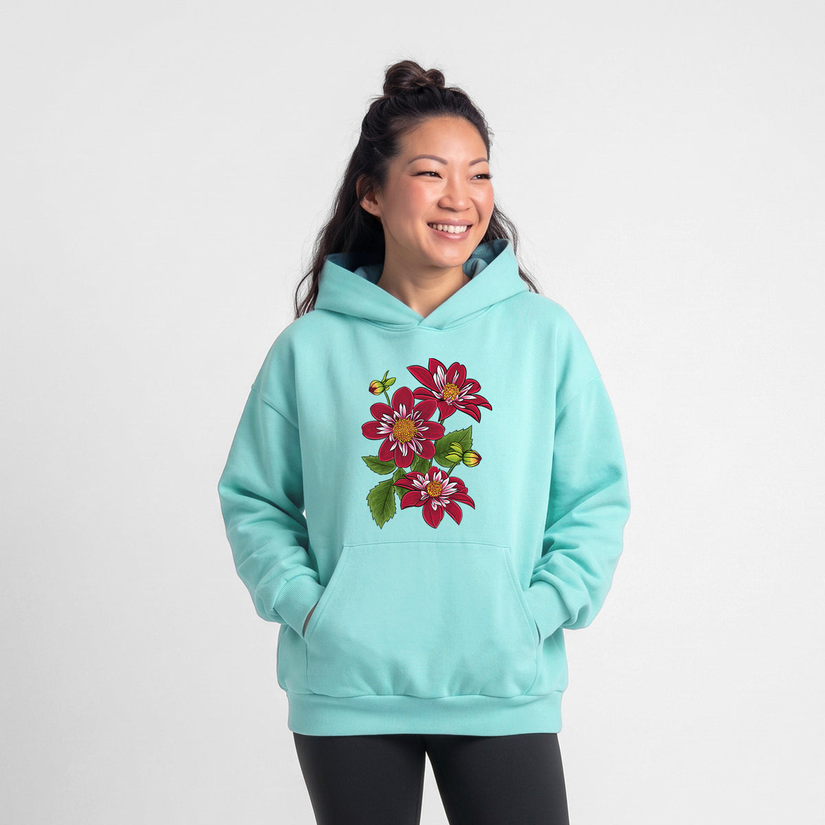 Female model wearing the Dahlia Collarette - Night Butterfly - Statement Midweight Hoodie.