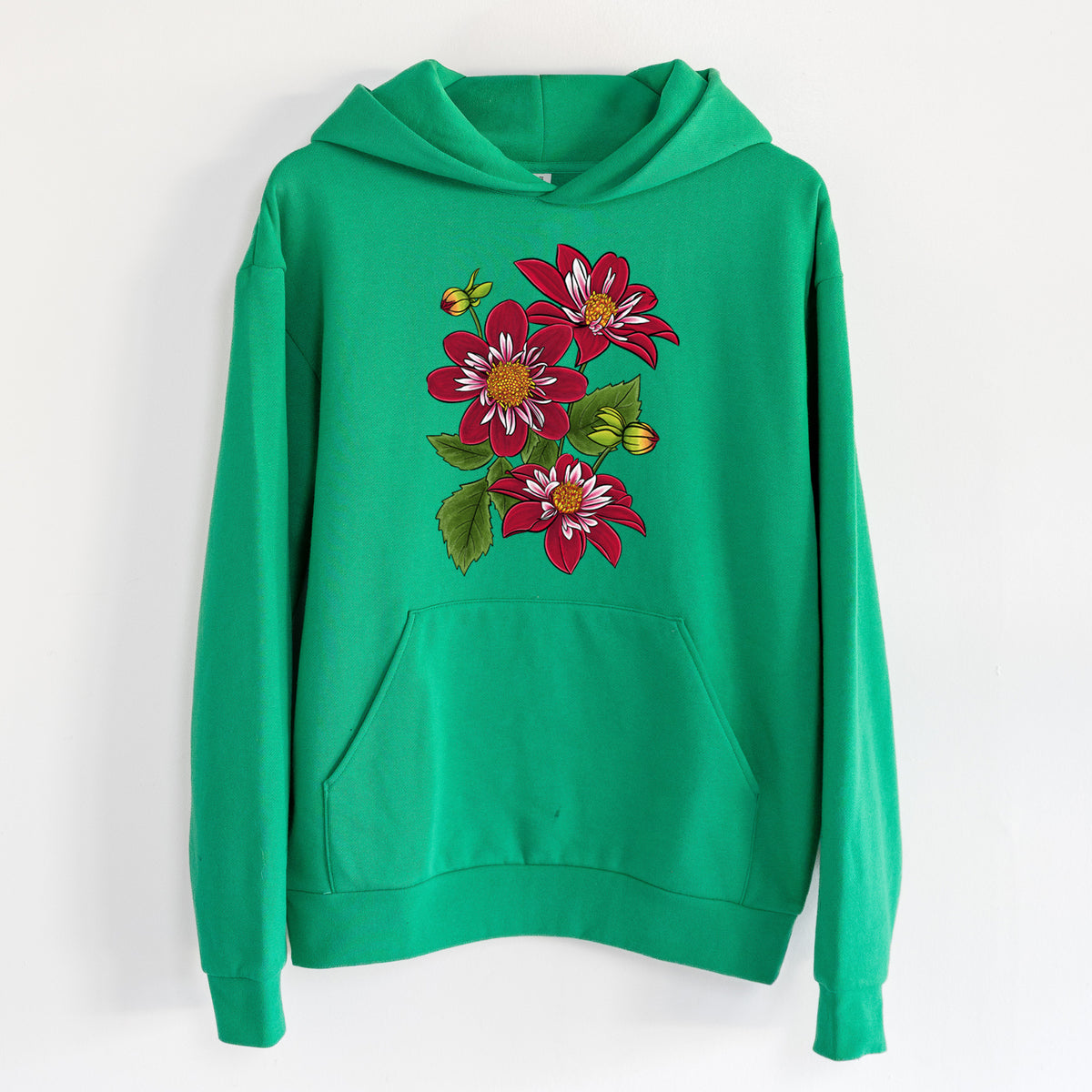 Dahlia Collarette - Night Butterfly - Statement Midweight Hoodie in Kelly Green, hanging on a white wall, with a front kangaroo pocket and no drawcords.