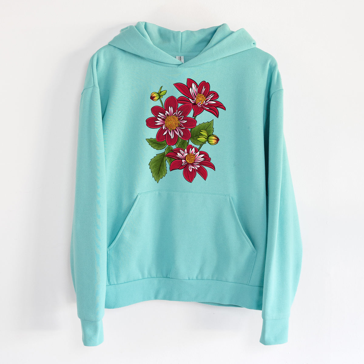 Dahlia Collarette - Night Butterfly - Statement Midweight Hoodie in Seafoam, hanging on a white wall, with a front kangaroo pocket and no drawcords.