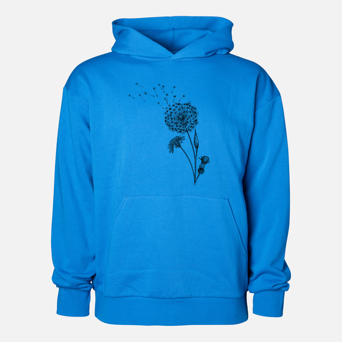 Common Dandelion - Taraxacum officinale - Statement Midweight Hoodie in Azure Blue, shown from the front with the design printed on the chest above a front kangaroo pocket.