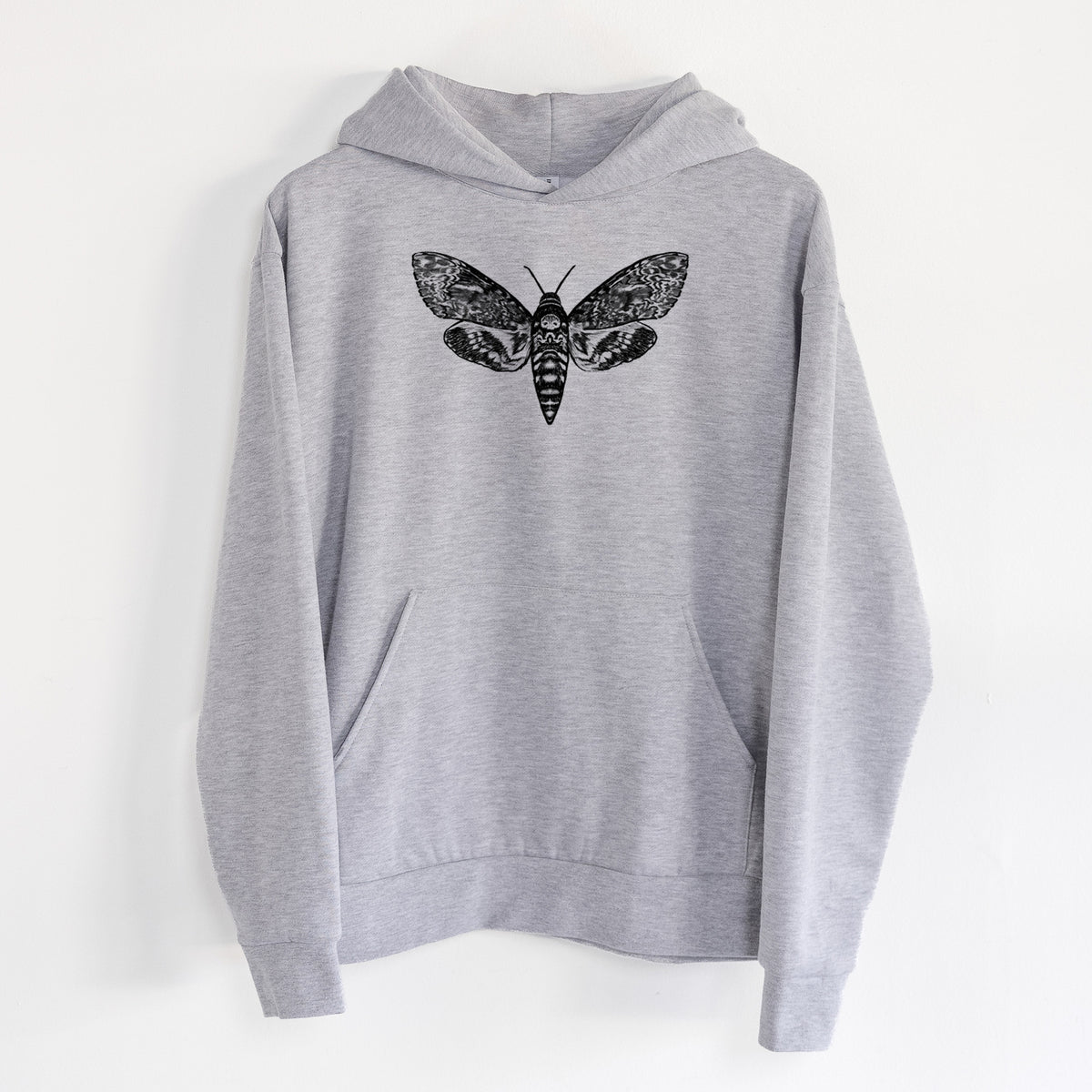 Death's-head Hawkmoth - Acherontia atropos - Statement Midweight Hoodie in Heather Grey, hanging on a white wall, with a front kangaroo pocket and no drawcords.