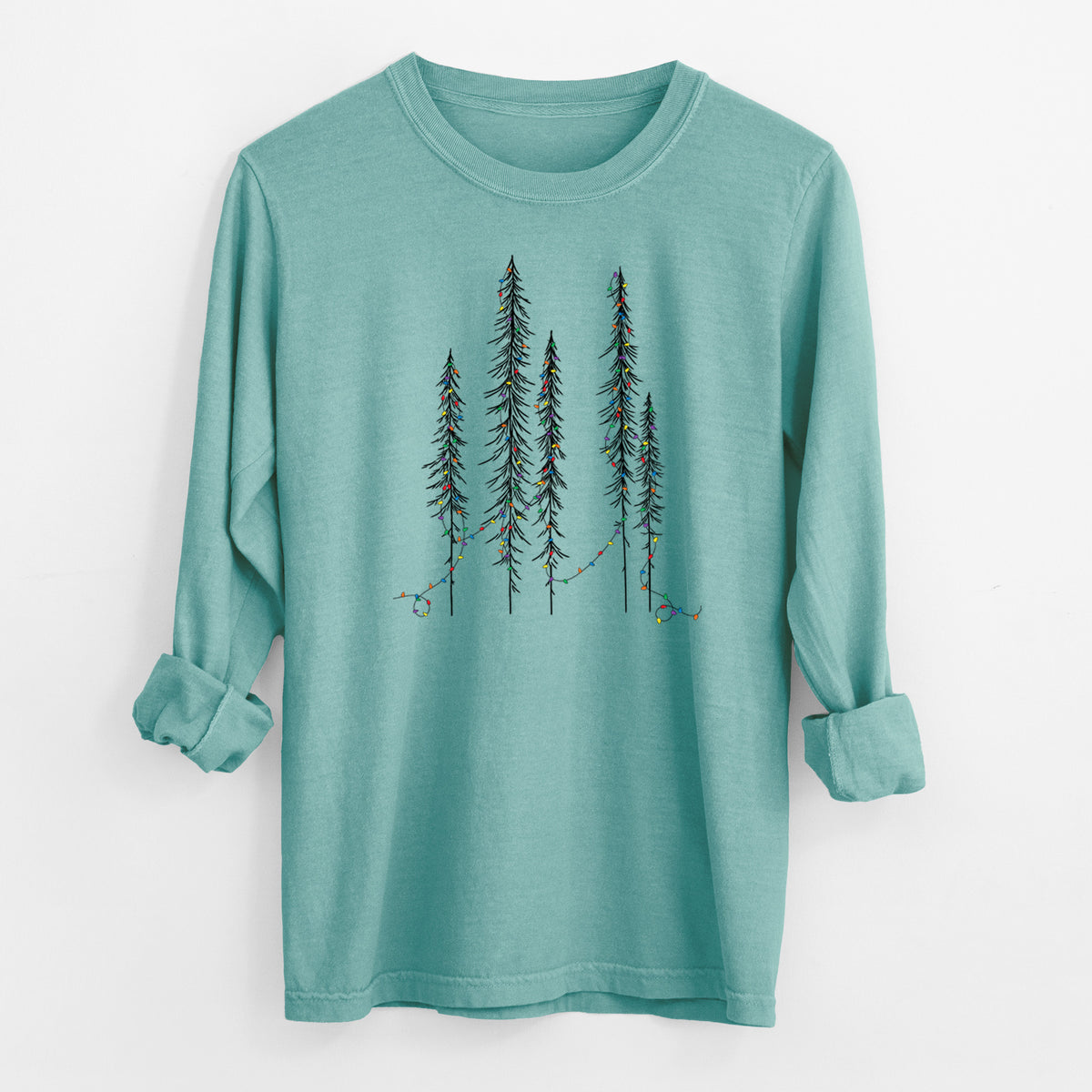 Christmas Deck the Redwoods - Unisex Comfort Colors 100% Cotton Long Sleeve in Reef Green, worn by model