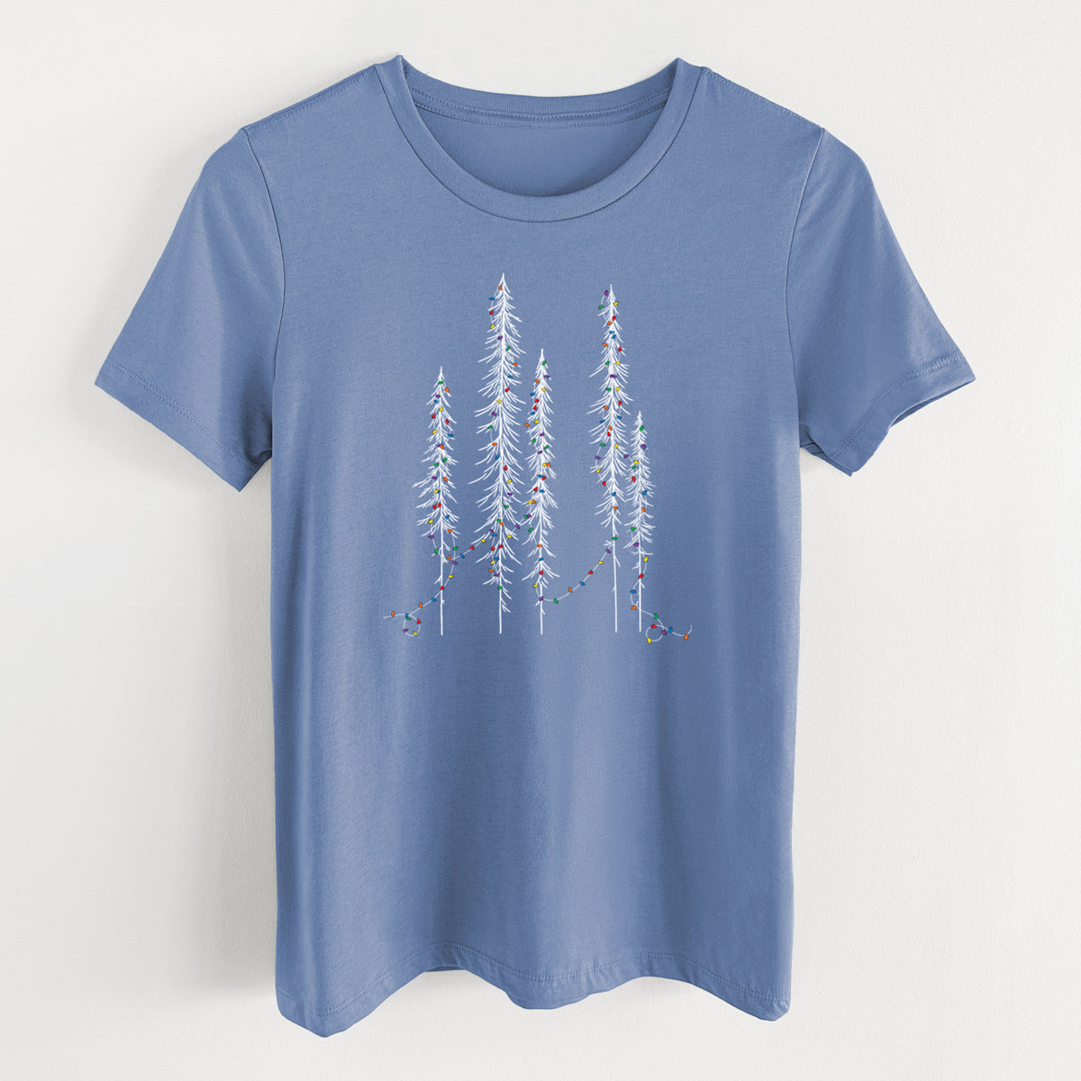 Christmas Deck the Redwoods - Women's Lightweight Relaxed Fit 100% Cotton Crewneck in Blue Bell, on a hanger