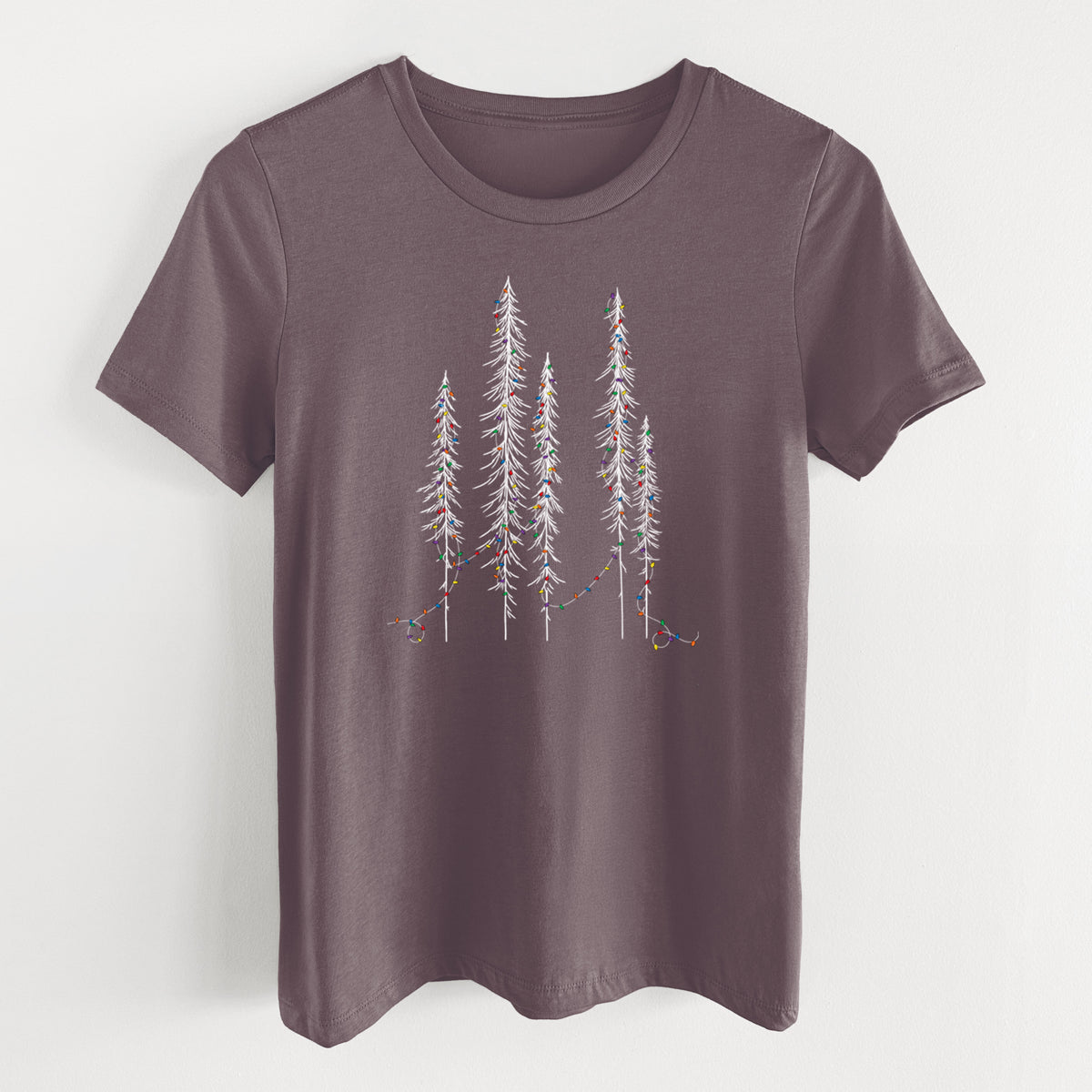 Christmas Deck the Redwoods - Women's Lightweight Relaxed Fit 100% Cotton Crewneck in Purple Storm, on a hanger