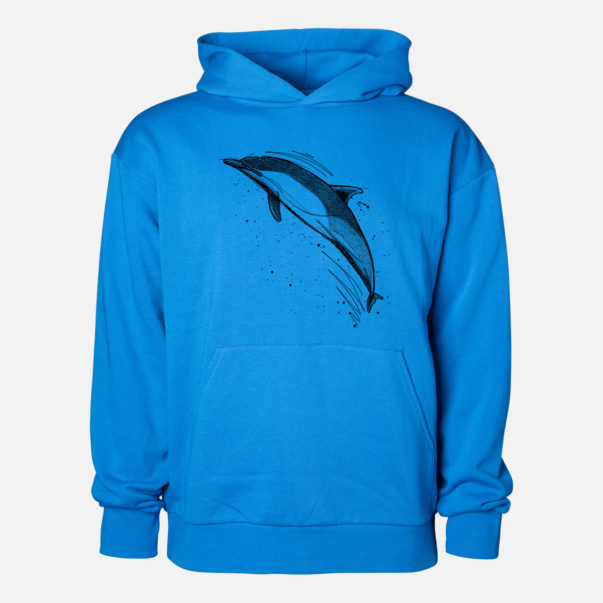 Short-Beaked Common Dolphin - Delphinus delphis - Statement Midweight Hoodie in Azure Blue, shown from the front with the design printed on the chest above a front kangaroo pocket.