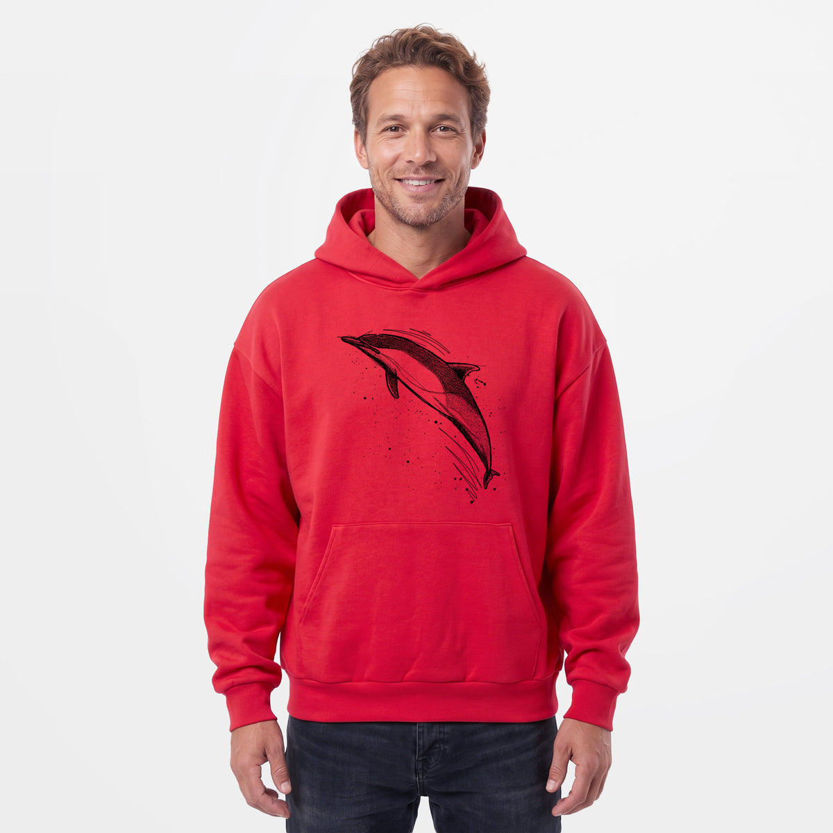 Male model wearing the Short-Beaked Common Dolphin - Delphinus delphis - Statement Midweight Hoodie.