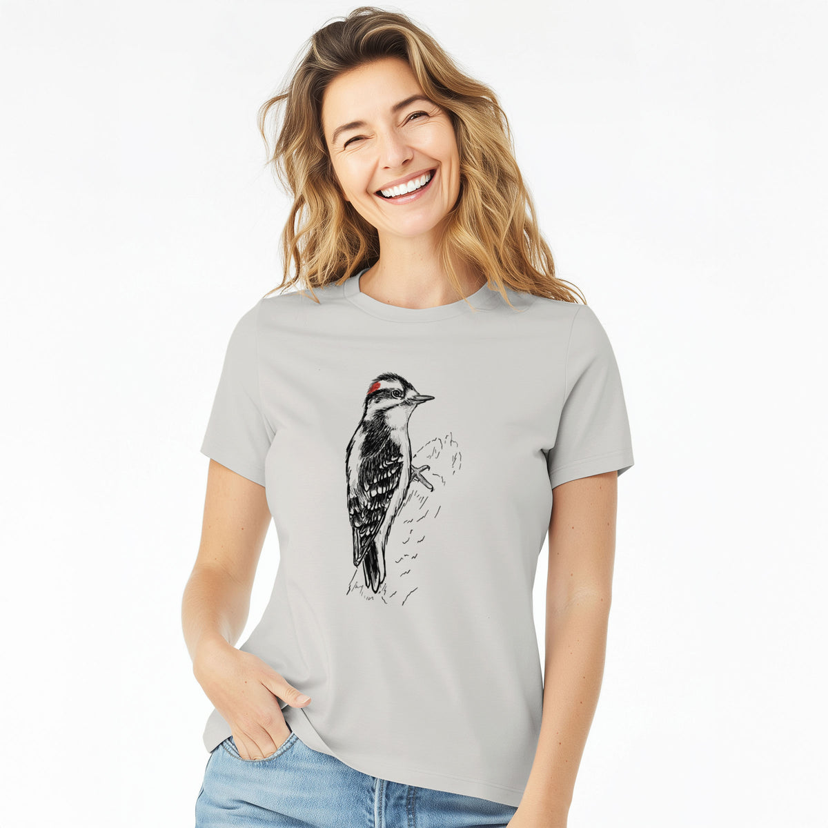 Downy Woodpecker - Picoides pubescens - Women&#39;s Lightweight Relaxed Fit 100% Cotton Crewneck