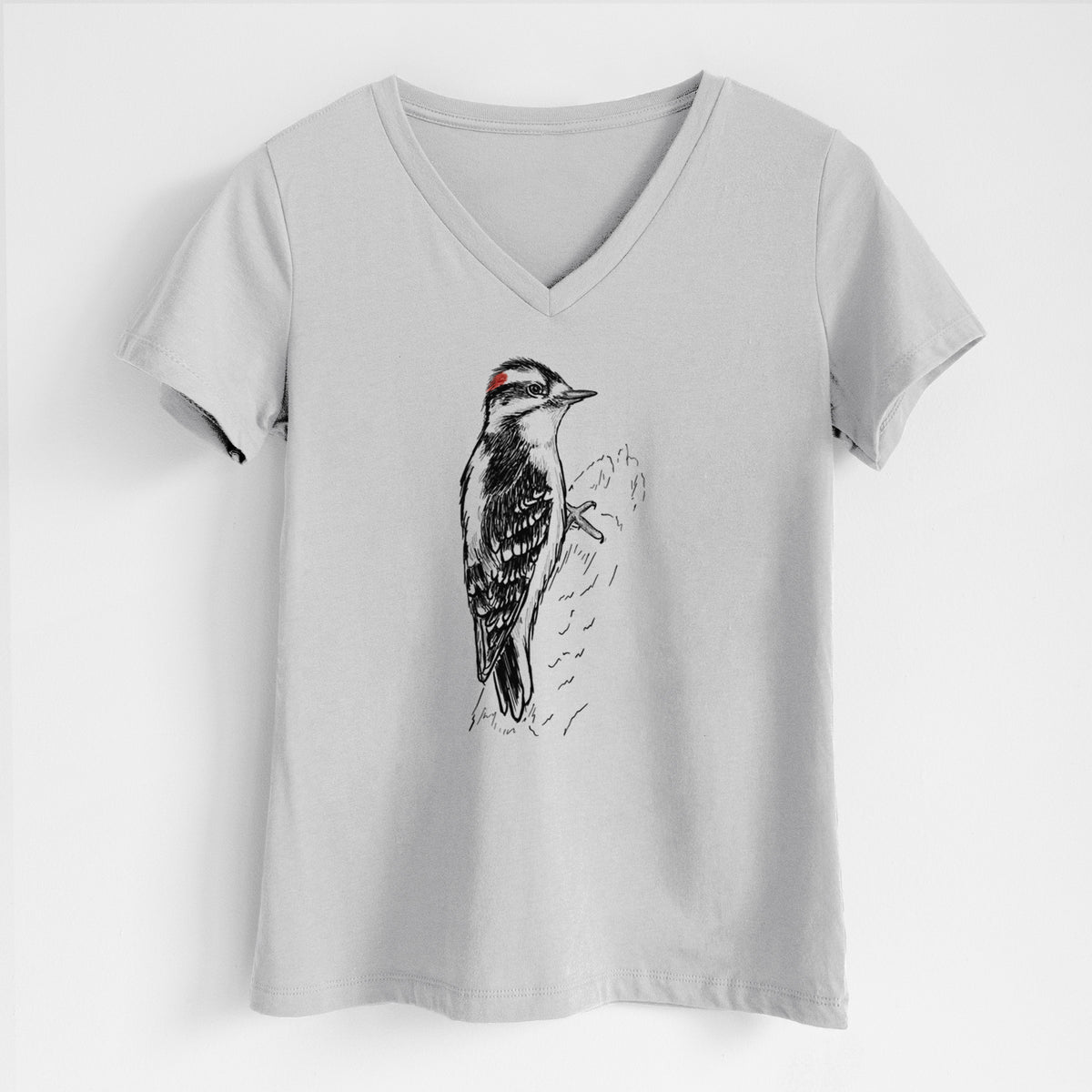 Downy Woodpecker - Picoides pubescens - Women&#39;s Lightweight Relaxed Fit 100% Cotton V-neck