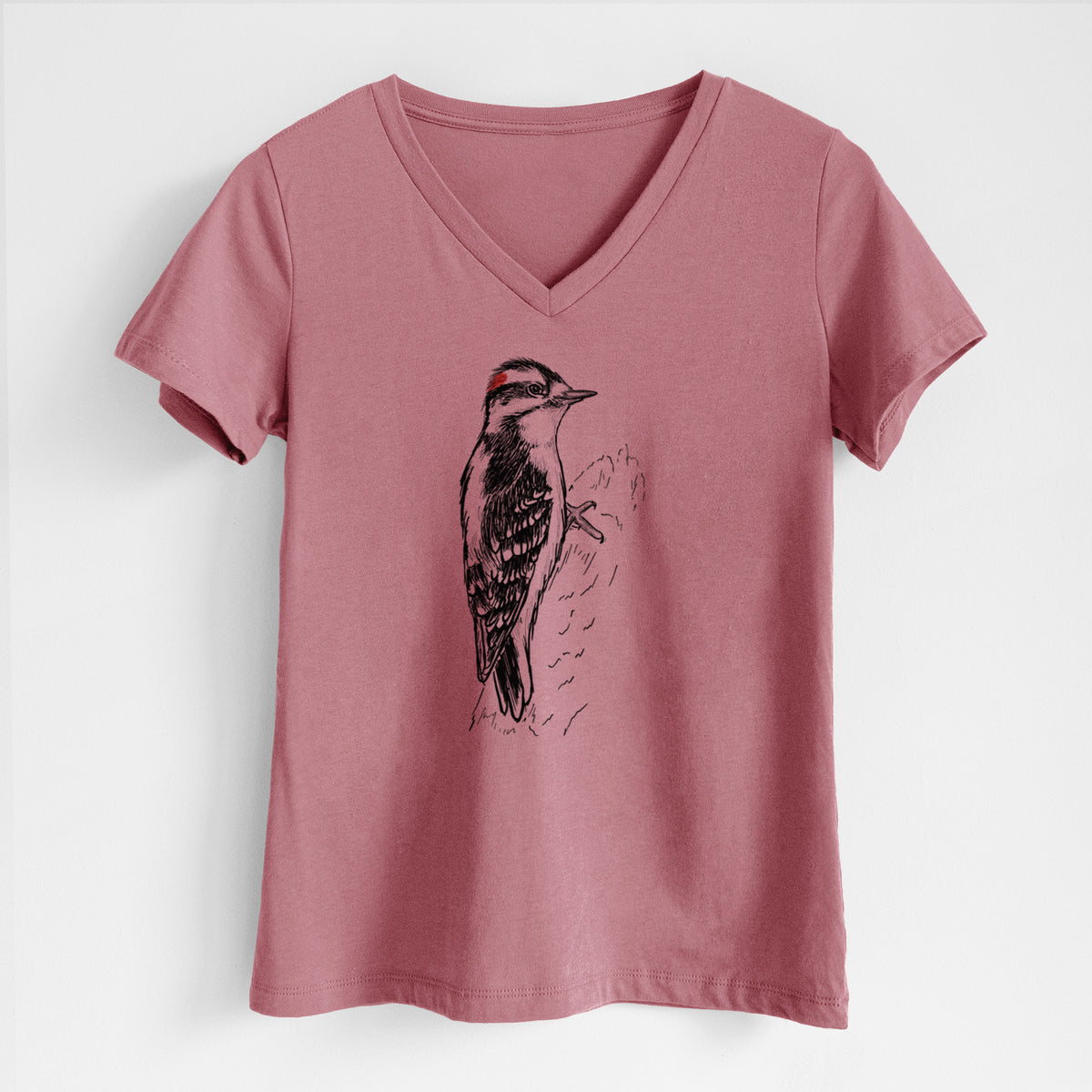 Downy Woodpecker - Picoides pubescens - Women&#39;s Lightweight Relaxed Fit 100% Cotton V-neck