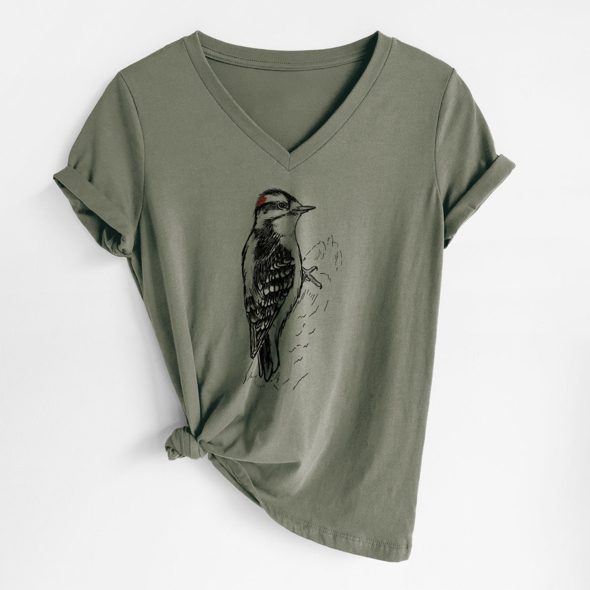 Downy Woodpecker - Picoides pubescens - Women&#39;s Lightweight Relaxed Fit 100% Cotton V-neck