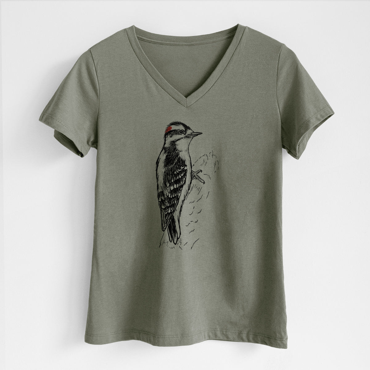 Downy Woodpecker - Picoides pubescens - Women&#39;s Lightweight Relaxed Fit 100% Cotton V-neck