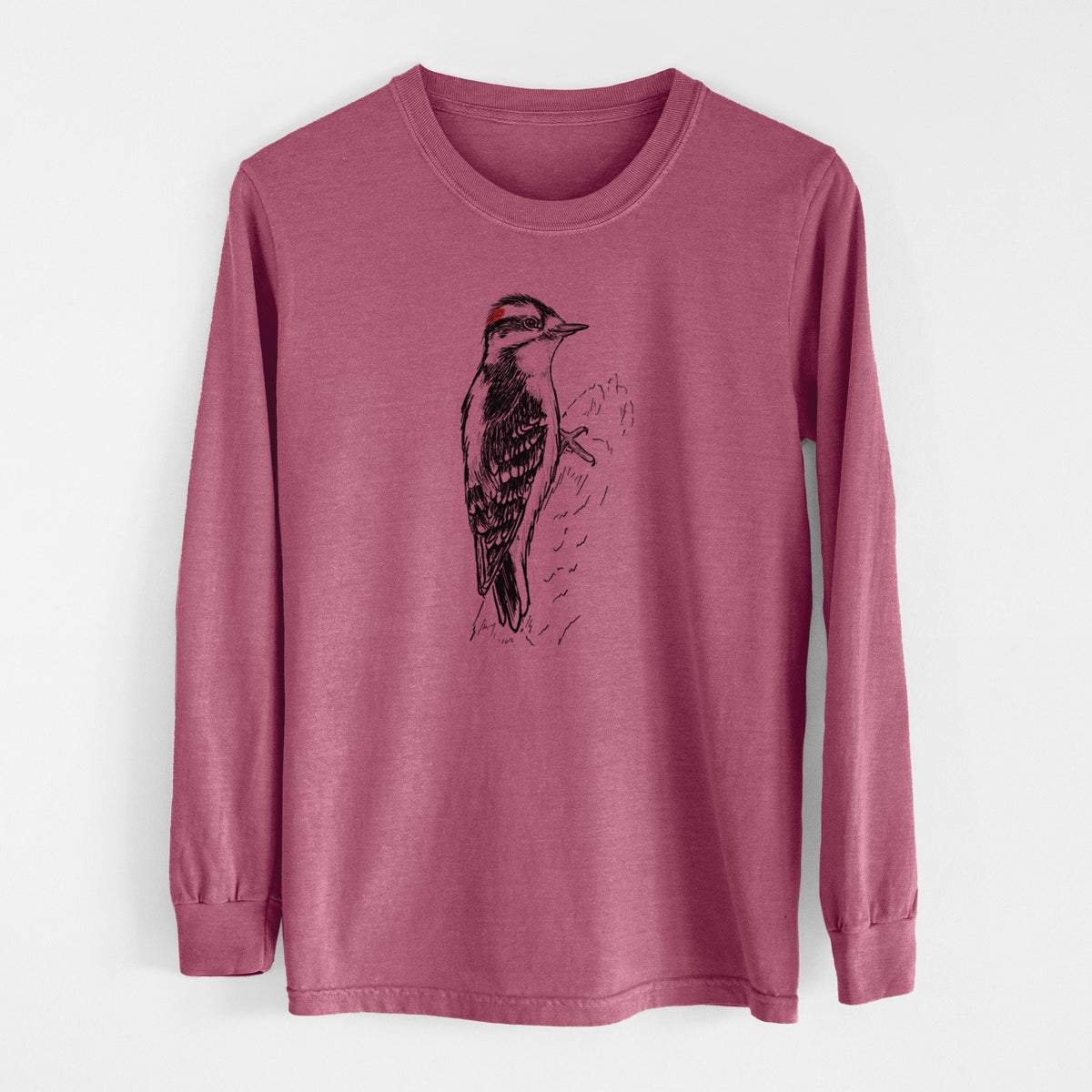 Downy Woodpecker - Picoides pubescens - Men&#39;s Heavyweight 100% Cotton Long Sleeve