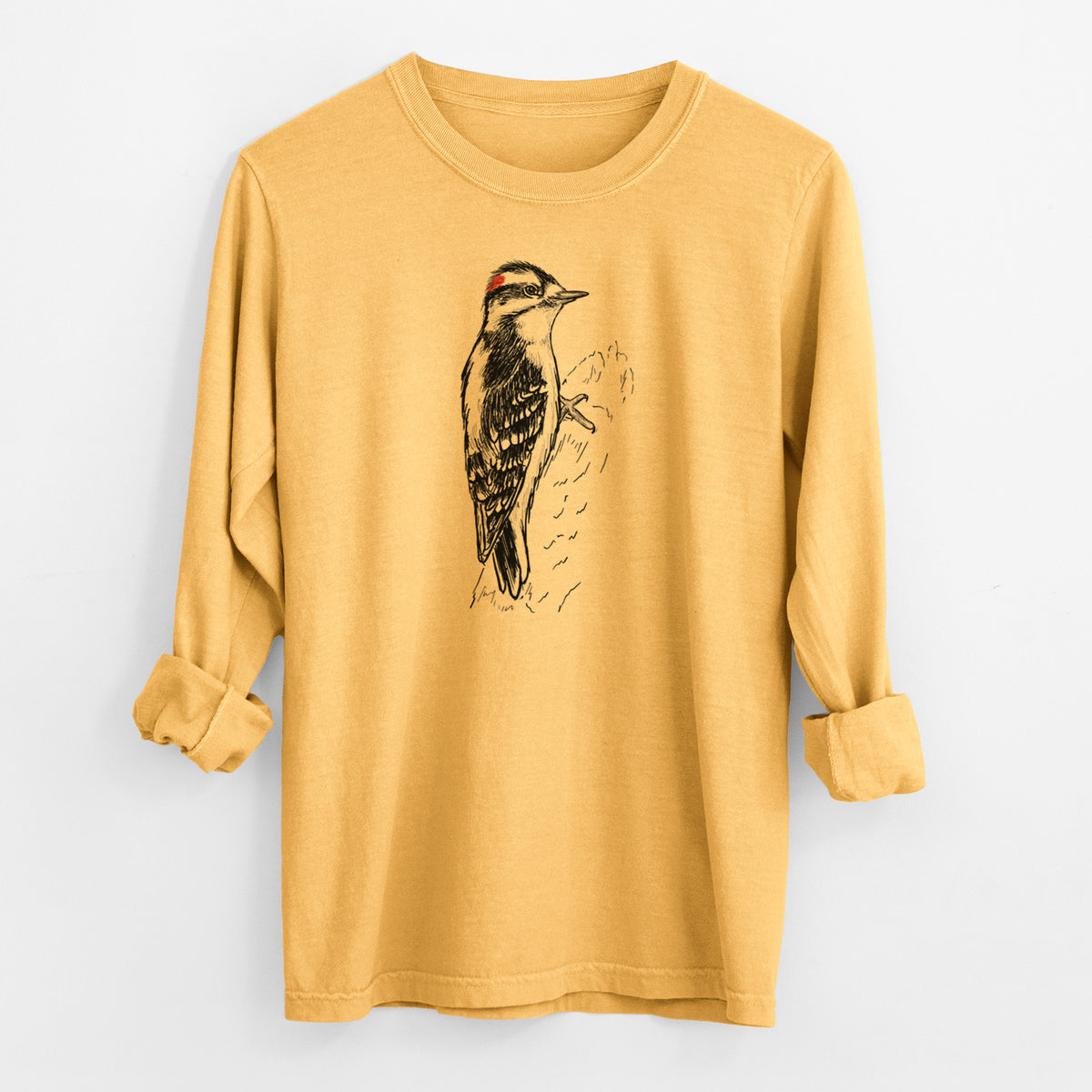 Downy Woodpecker - Picoides pubescens - Men&#39;s Heavyweight 100% Cotton Long Sleeve