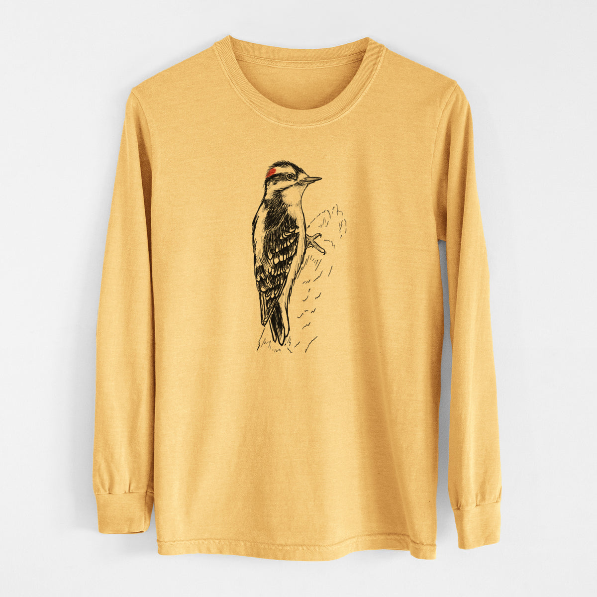 Downy Woodpecker - Picoides pubescens - Men&#39;s Heavyweight 100% Cotton Long Sleeve