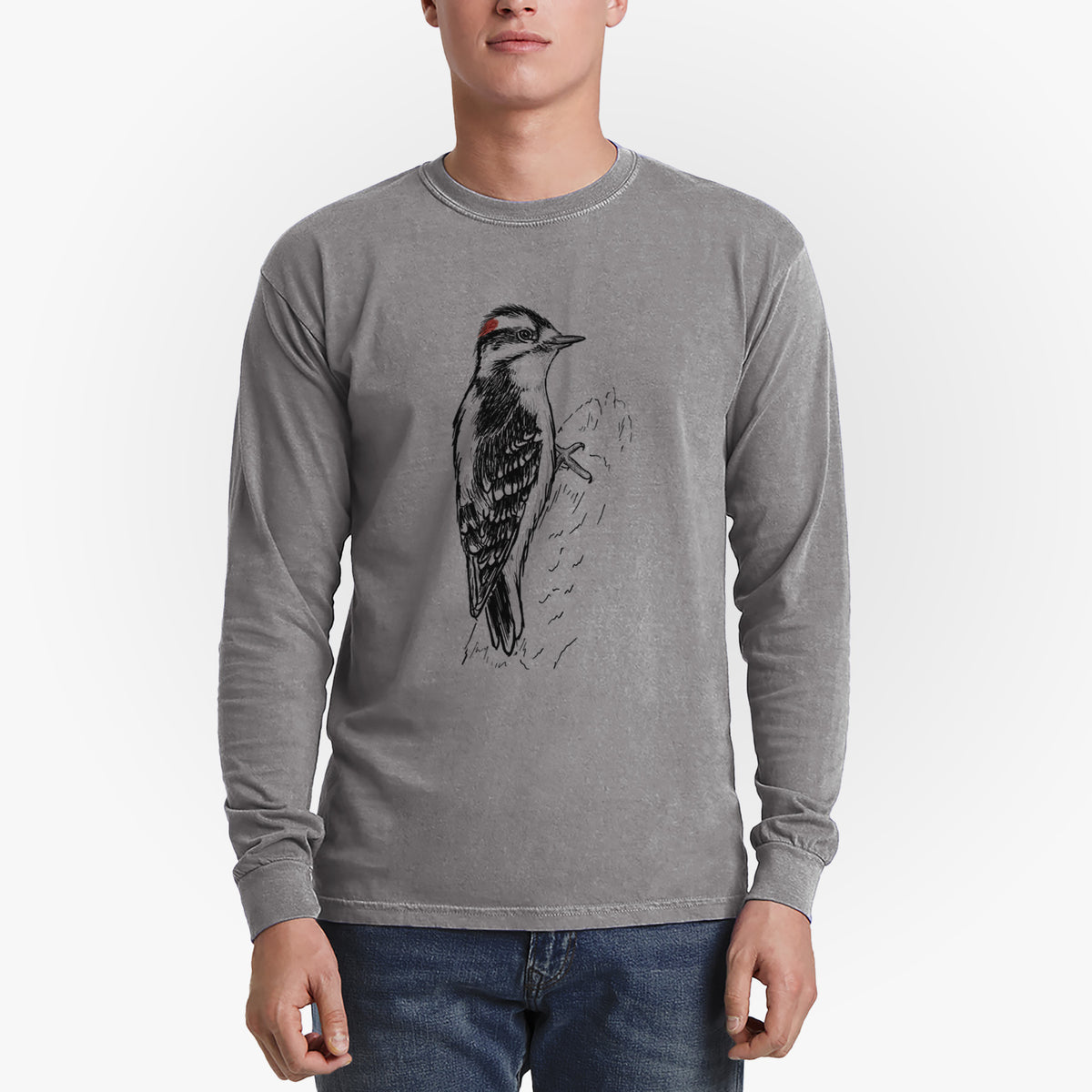 Downy Woodpecker - Picoides pubescens - Men&#39;s Heavyweight 100% Cotton Long Sleeve