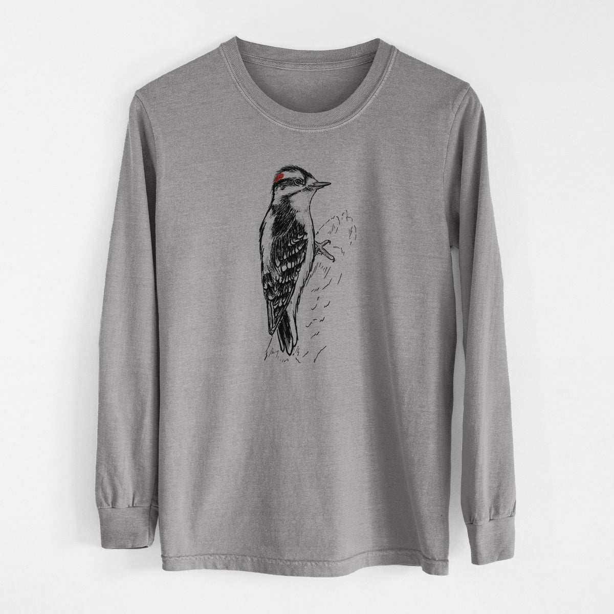 Downy Woodpecker - Picoides pubescens - Men&#39;s Heavyweight 100% Cotton Long Sleeve