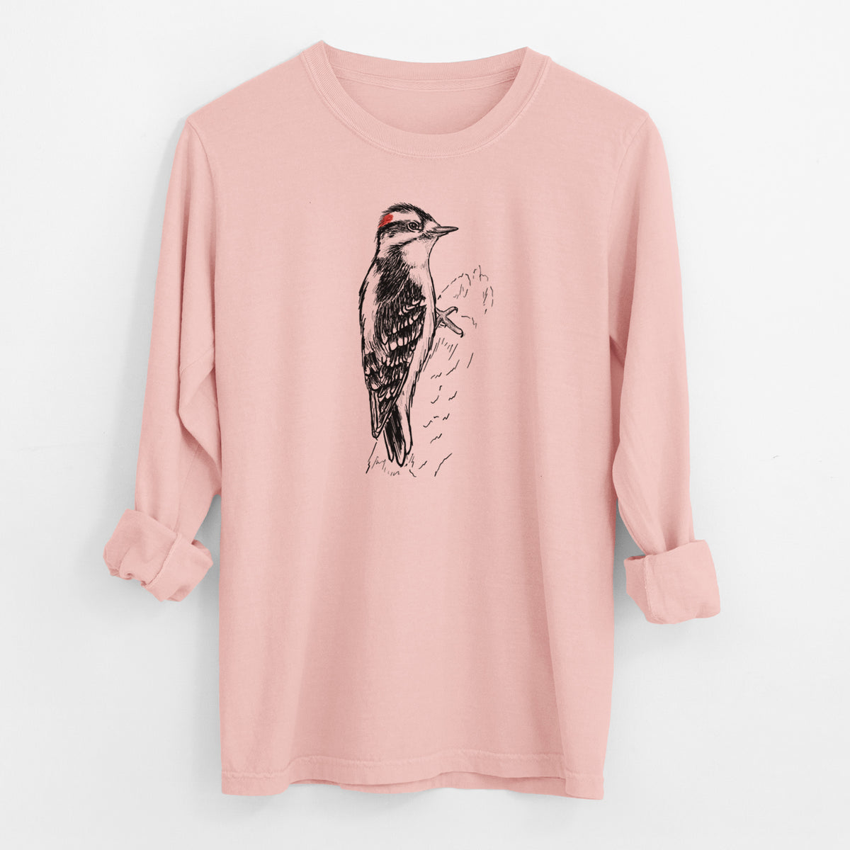 Downy Woodpecker - Picoides pubescens - Men&#39;s Heavyweight 100% Cotton Long Sleeve